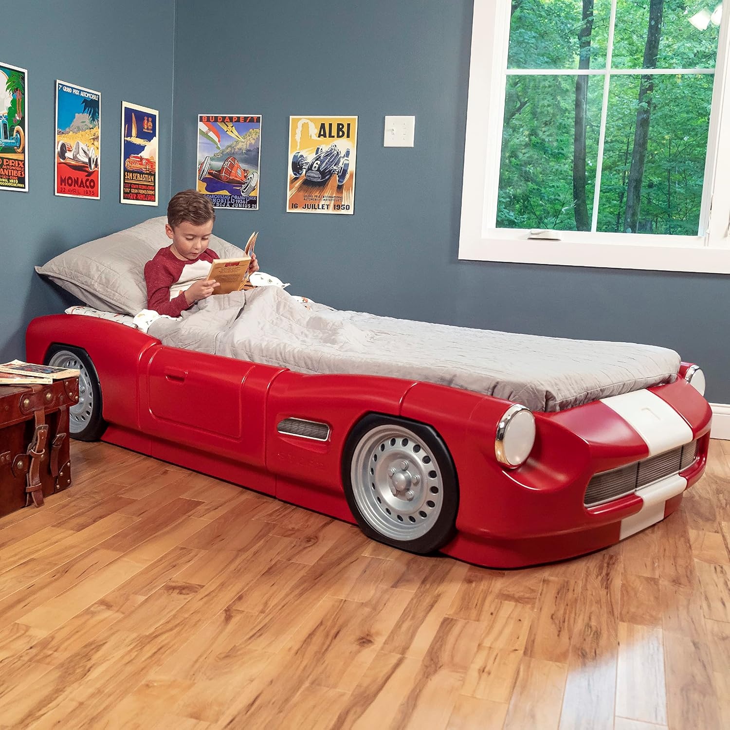 Step2 Turbocharged Twin Size Truck Car Bed, Car Bed for Boys & Girls, Working Headlights & Built-In Storage, Made of Durable Plastic, For Toddlers 3+ Years Old, Vibrant Red(Red Roadster)