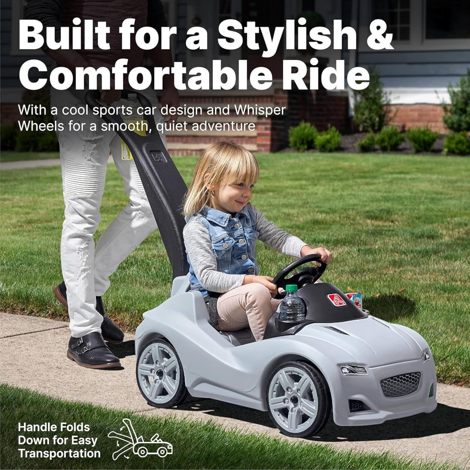 Step2 Whisper Ride Cruiser Kids Push Car, Ride On Toy, Stroller Substitute, Includes Seat Belt & Horn, Made of Durable Plastic, Max Weight 50 lbs., For Toddlers 1.5-4 Years Old, Pink(Gray)