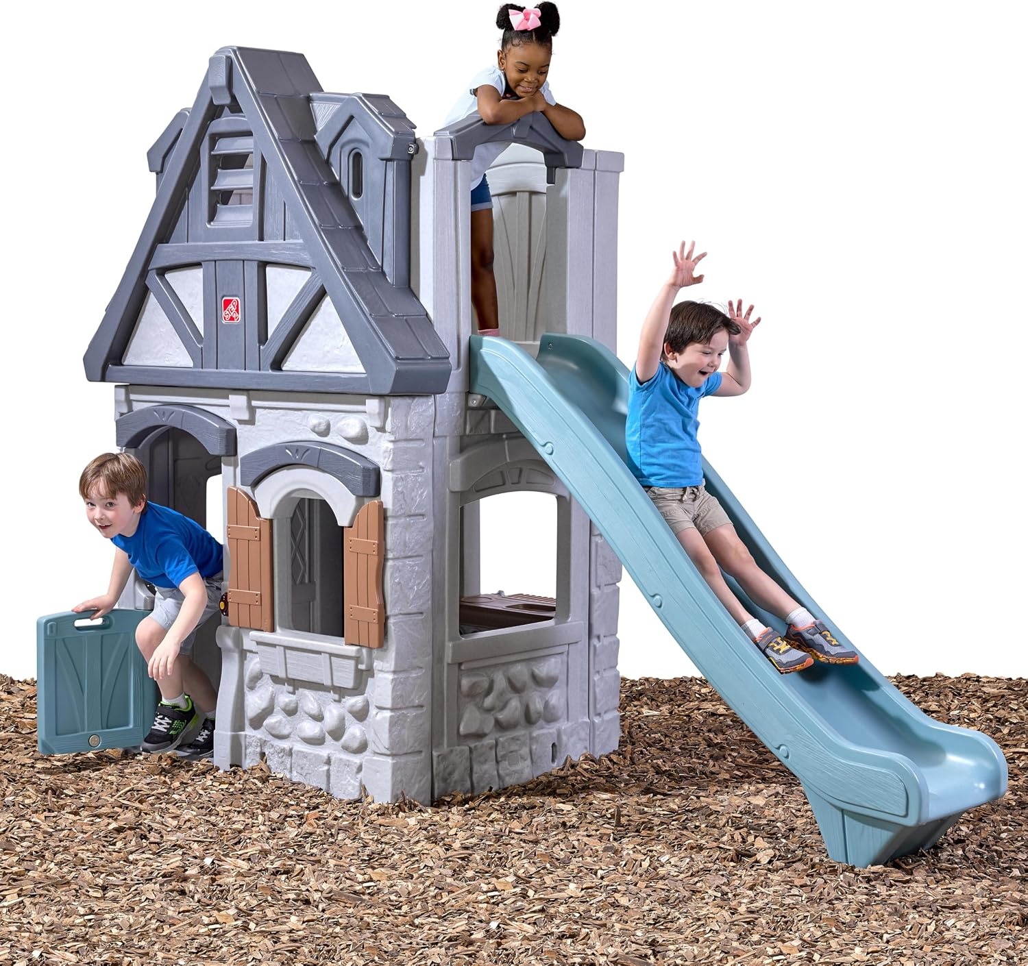 Step2 Enchanting Adventures 2-Story Kids Playhouse, Outdoor Playhouse with Kitchenette & Slide, Rock Climbing Wall, Made of Durable Plastice, For Toddlers 4-8 Years Old(Playhouse & Slide)