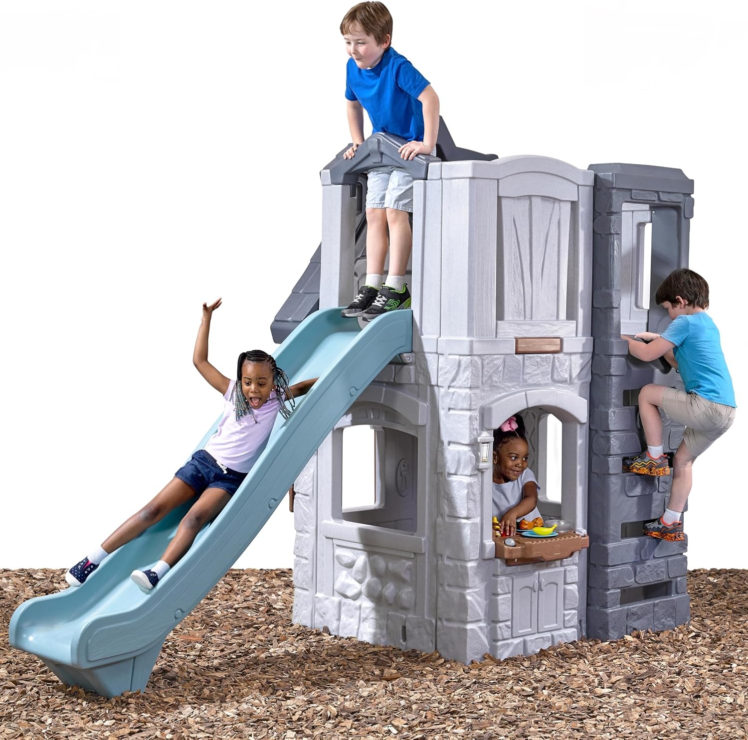 Step2 Enchanting Adventures 2-Story Kids Playhouse, Outdoor Playhouse with Kitchenette & Slide, Rock Climbing Wall, Made of Durable Plastice, For Toddlers 4-8 Years Old(Playhouse & Slide)