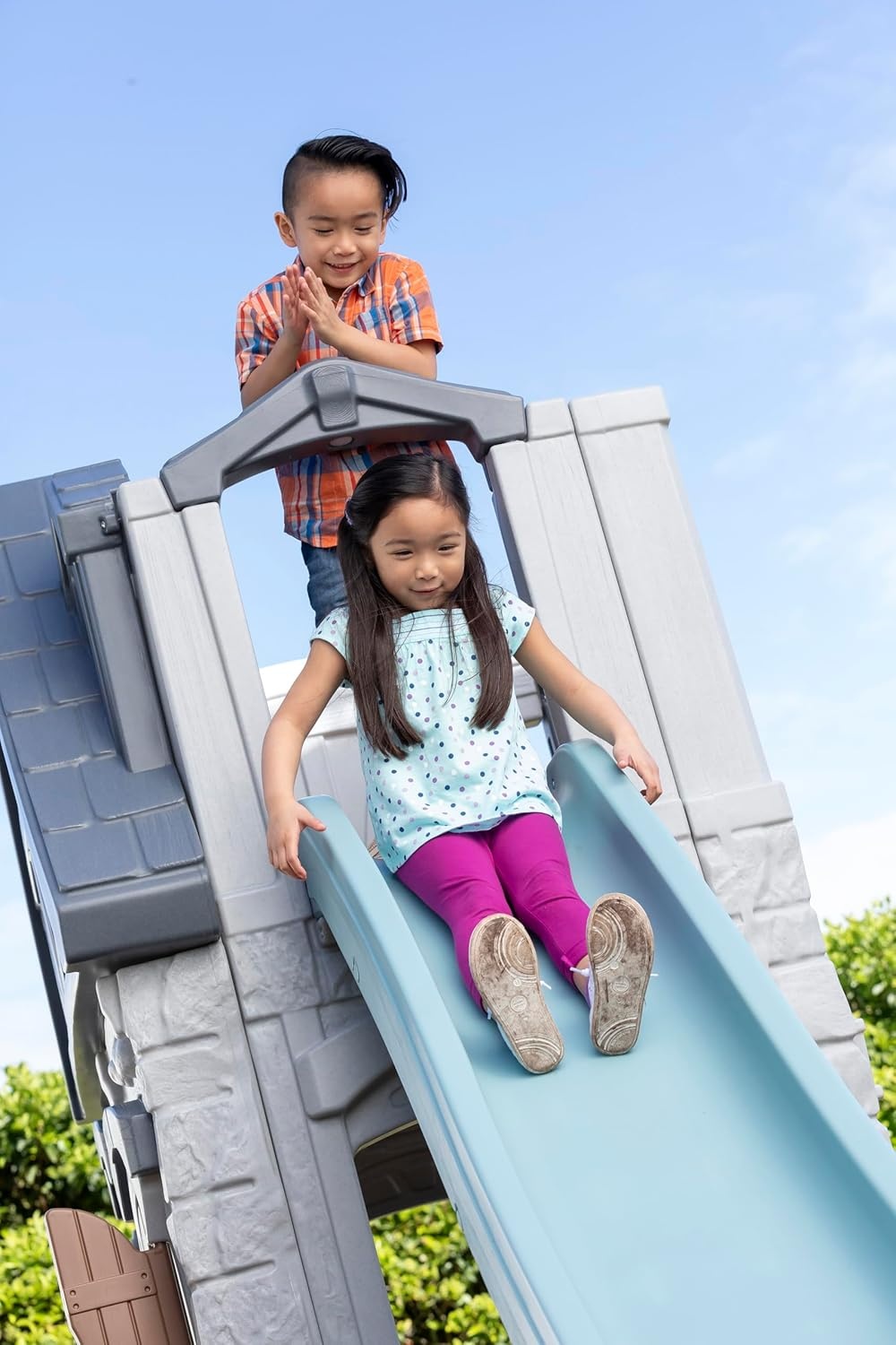 Step2 Enchanting Adventures 2-Story Kids Playhouse, Outdoor Playhouse with Kitchenette & Slide, Rock Climbing Wall, Made of Durable Plastice, For Toddlers 4-8 Years Old(Playhouse & Slide)