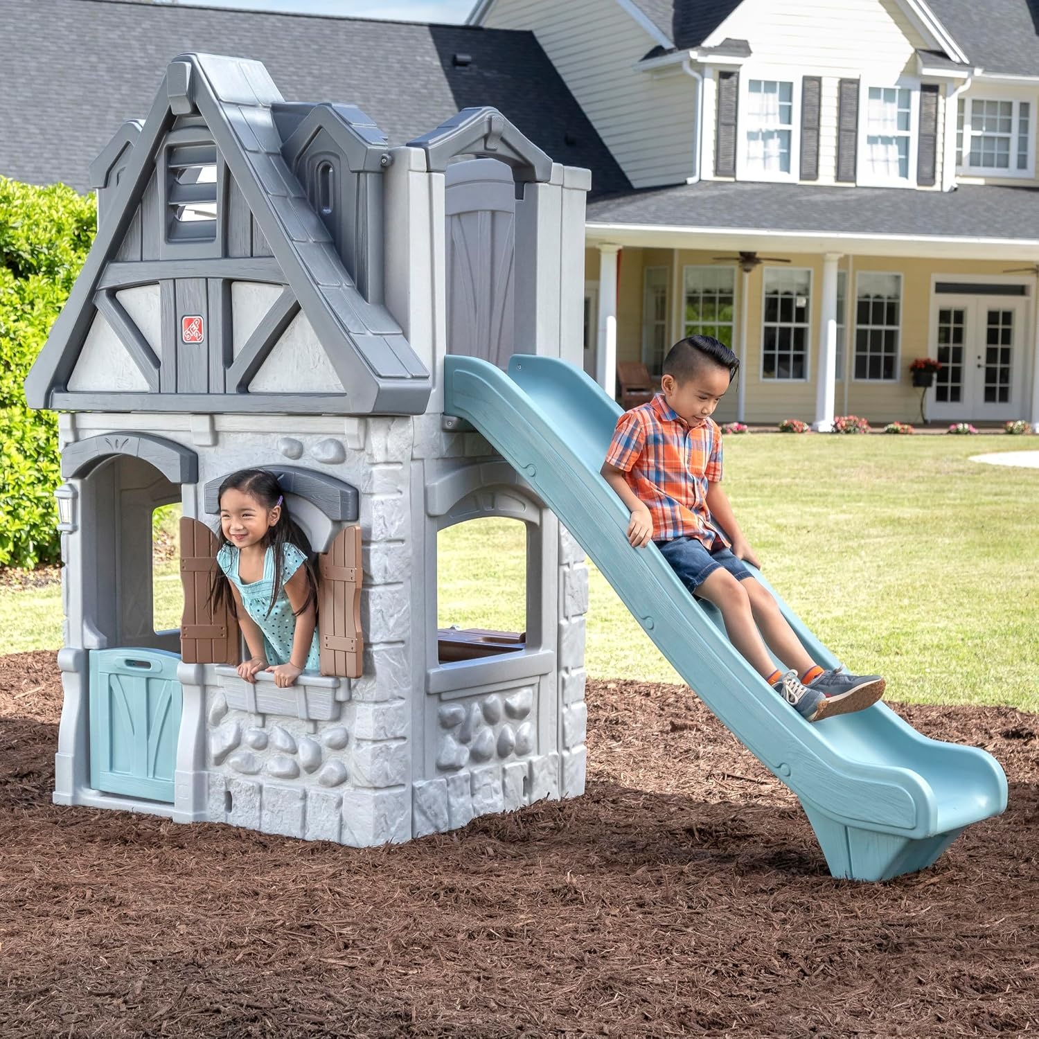 Step2 Enchanting Adventures 2-Story Kids Playhouse, Outdoor Playhouse with Kitchenette & Slide, Rock Climbing Wall, Made of Durable Plastice, For Toddlers 4-8 Years Old(Playhouse & Slide)