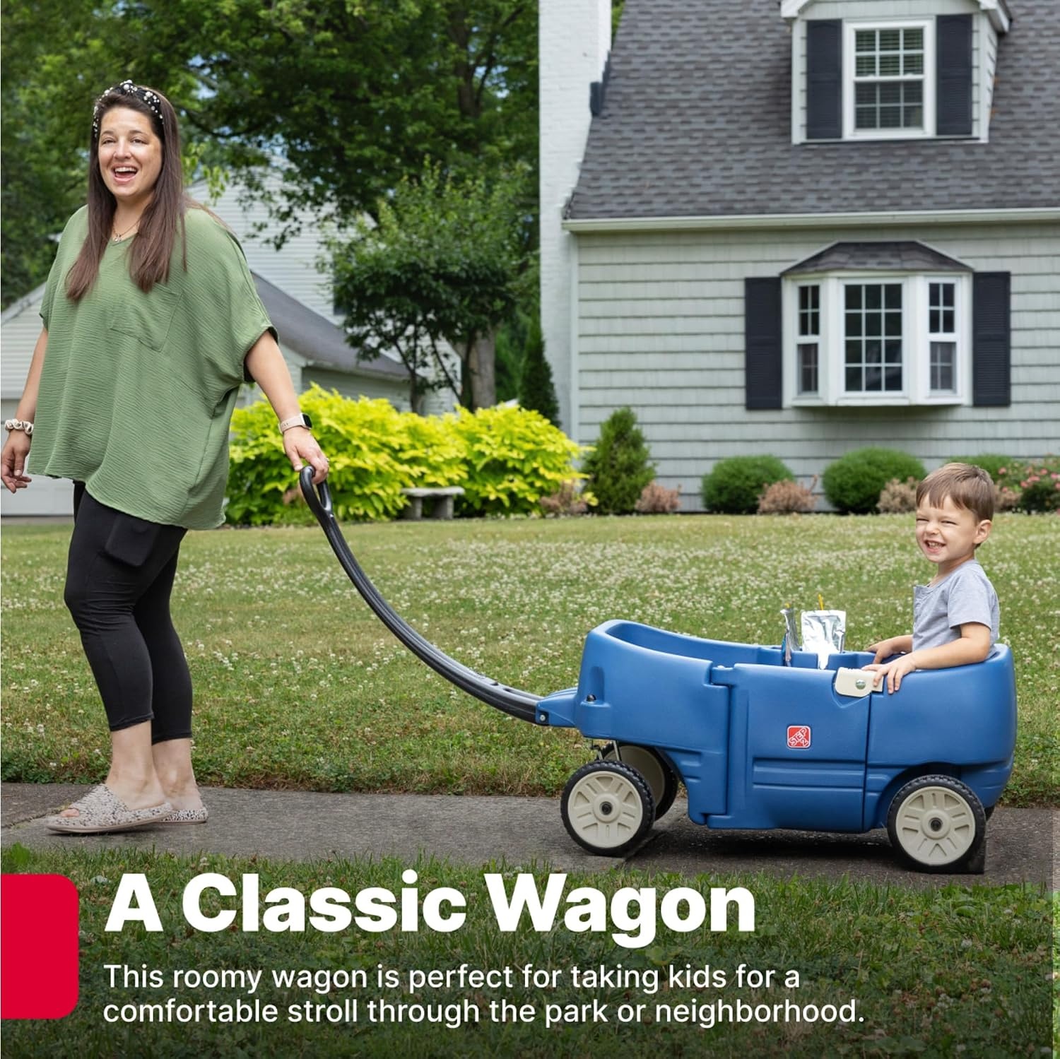 Step2 Wagon for Two Plus, Kids Ride On Toy, Stroller Substitute, Includes Seat Belts, Made of Durable Plastic, Max Weight 75 lbs., For Toddlers 1.5-5 Years Old, Denim Blue