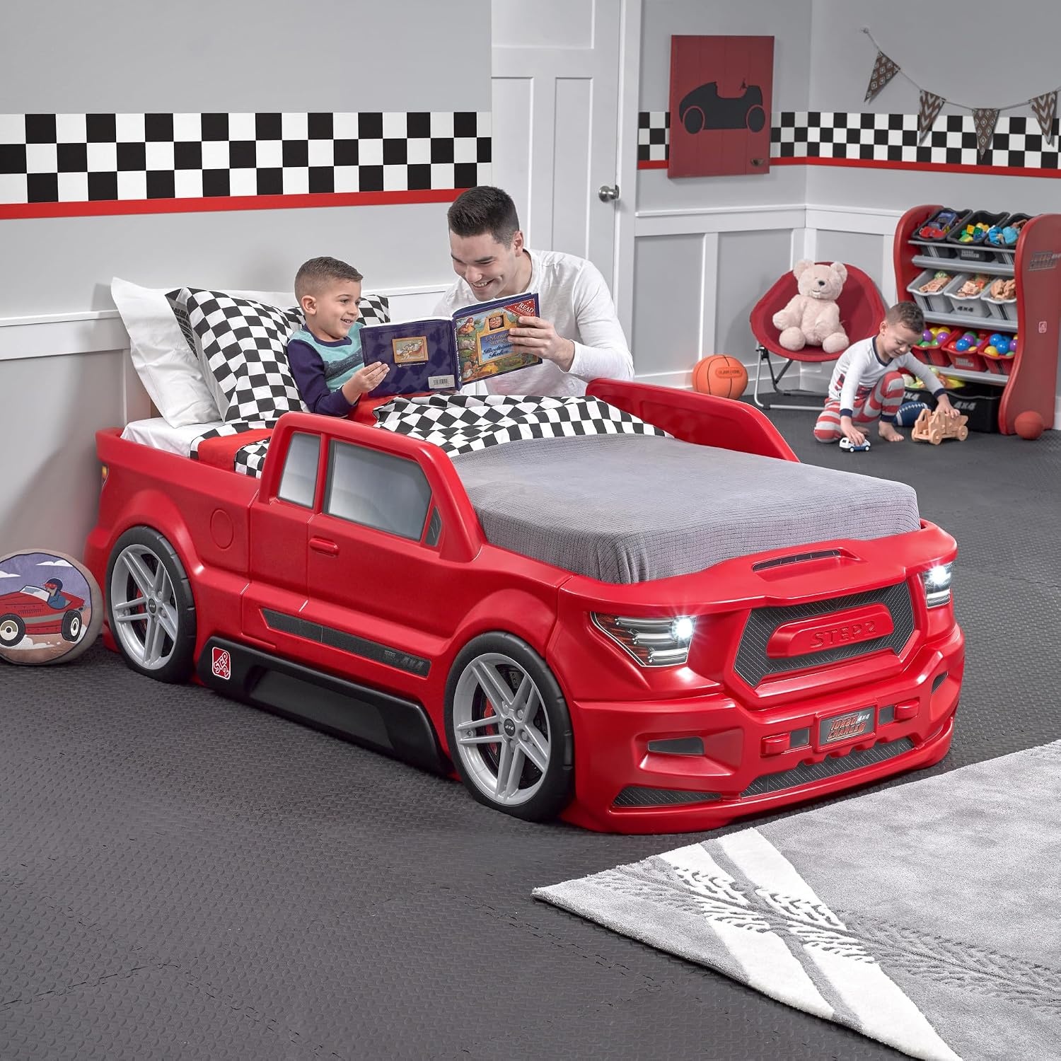 Step2 Turbocharged Twin Size Truck Car Bed, Car Bed for Boys & Girls, Working Headlights & Built-In Storage, Made of Durable Plastic, For Toddlers 3+ Years Old, Vibrant Red(Red Truck)