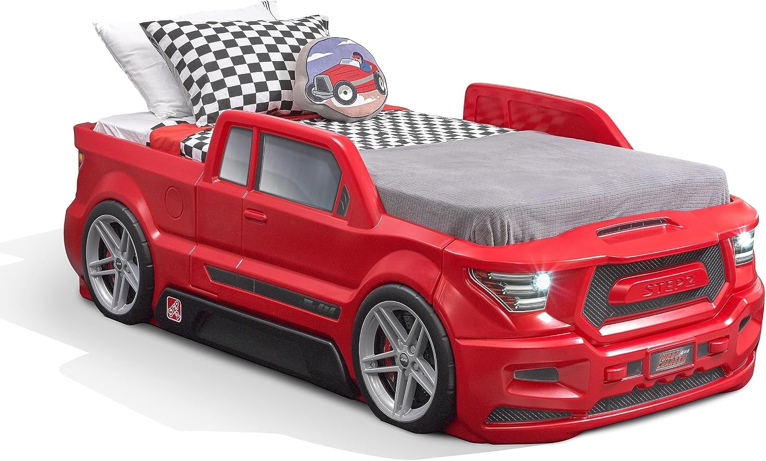 Step2 Turbocharged Twin Size Truck Car Bed, Car Bed for Boys & Girls, Working Headlights & Built-In Storage, Made of Durable Plastic, For Toddlers 3+ Years Old, Vibrant Red(Red Truck)