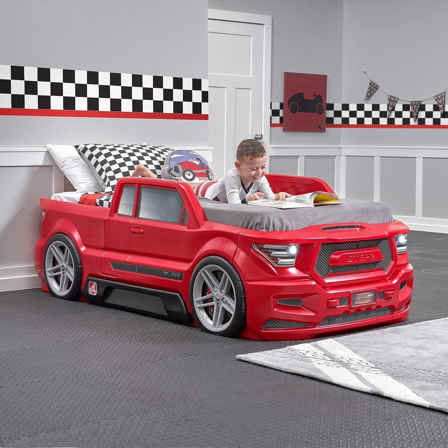 Step2 Turbocharged Twin Size Truck Car Bed, Car Bed for Boys & Girls, Working Headlights & Built-In Storage, Made of Durable Plastic, For Toddlers 3+ Years Old, Vibrant Red(Red Truck)
