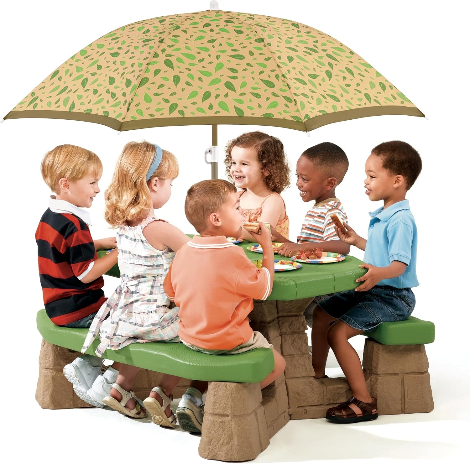 Step2 Naturally Playful Kids Picnic Table with Removeable Umbrella, Indoor/Outdoor Toys, Fits 6 Children, Made of Durable Plastic, For Toddlers 3+ Years Old, Green & Leaves(Green & Leaves)