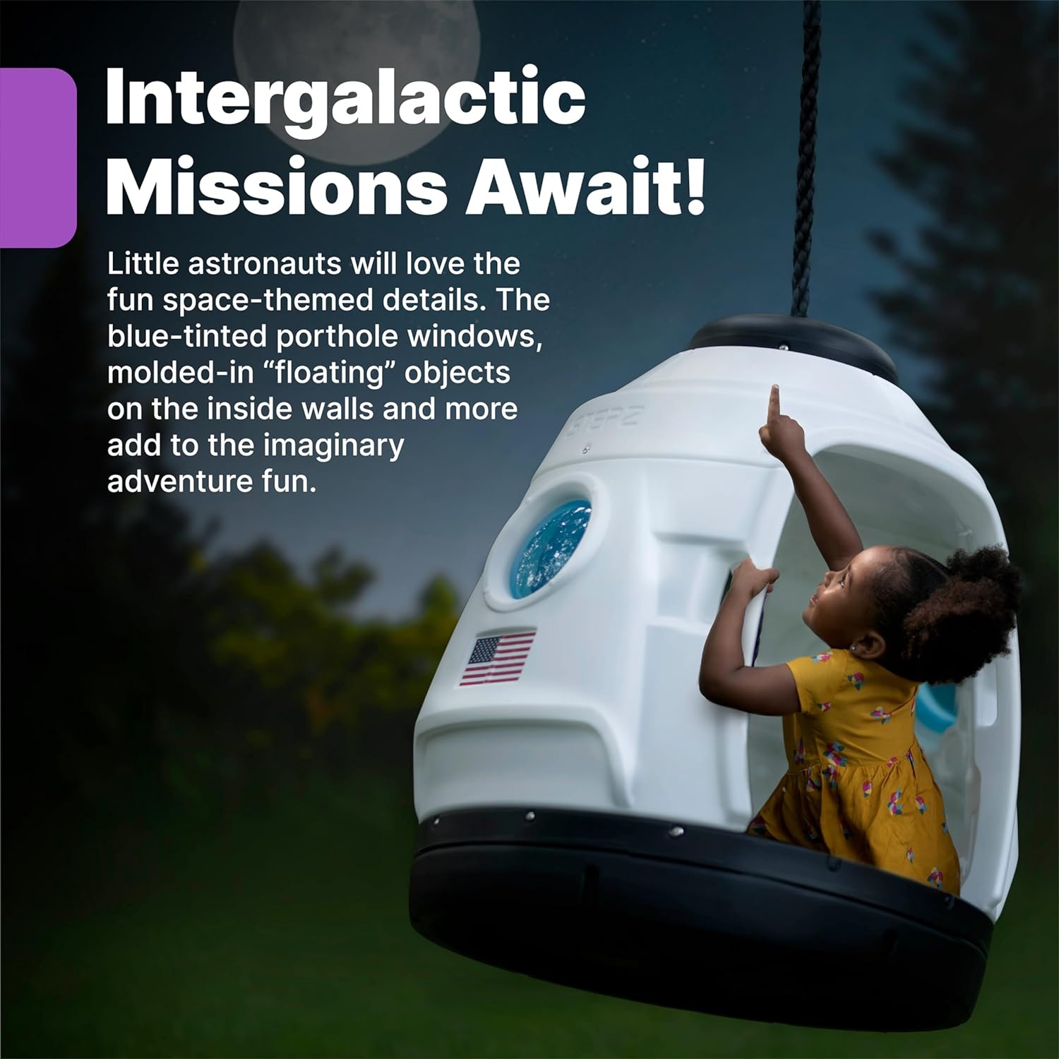 Step2 Space Capsule Swing, Kids Indoor/Outdoor Swing or Playhouse, Backyard Playground Set, Attach to Playset or Tree, for Children 3-8 Years Old