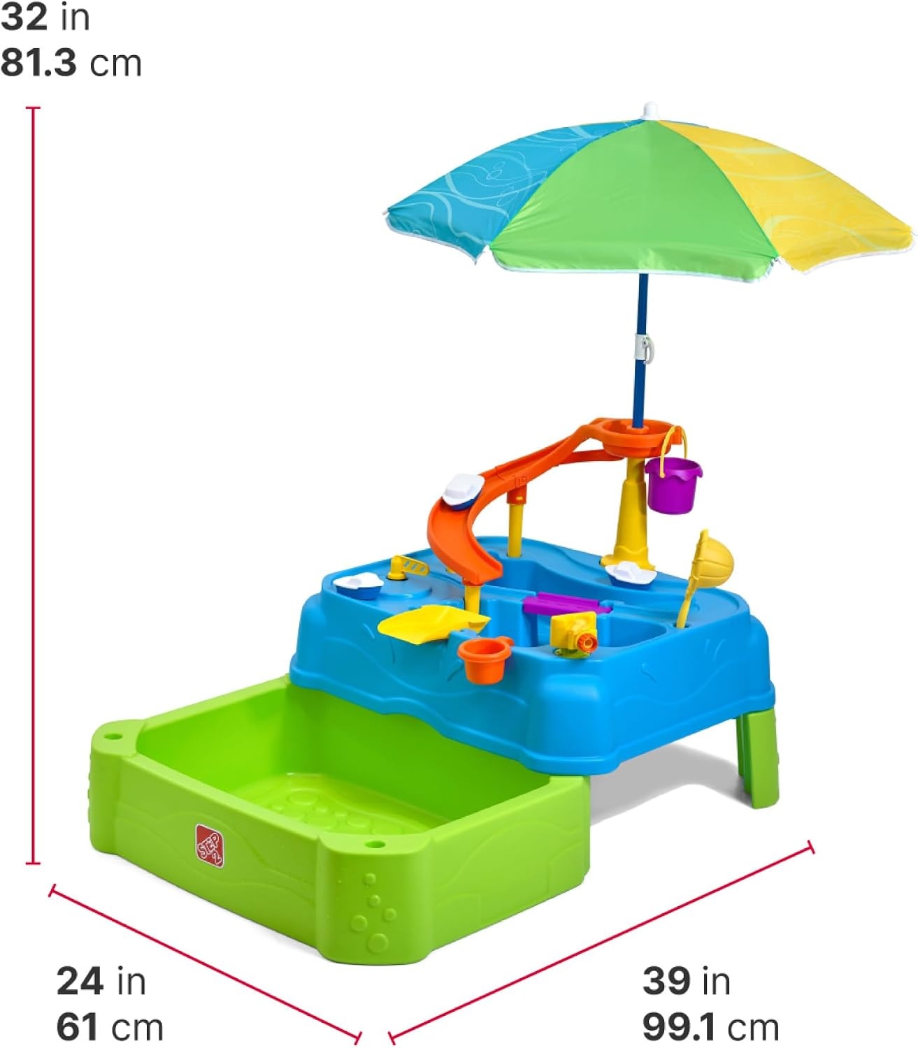 Step2 Waterpark Wonders Two Tier Water Table, Kids Water Activity Sensory Playset with Umbrella, Garden Hose Sprinkler Attachment, 11 Piece Accessories, Outdoor Summer Toy, Ages 18 Months+, Blue