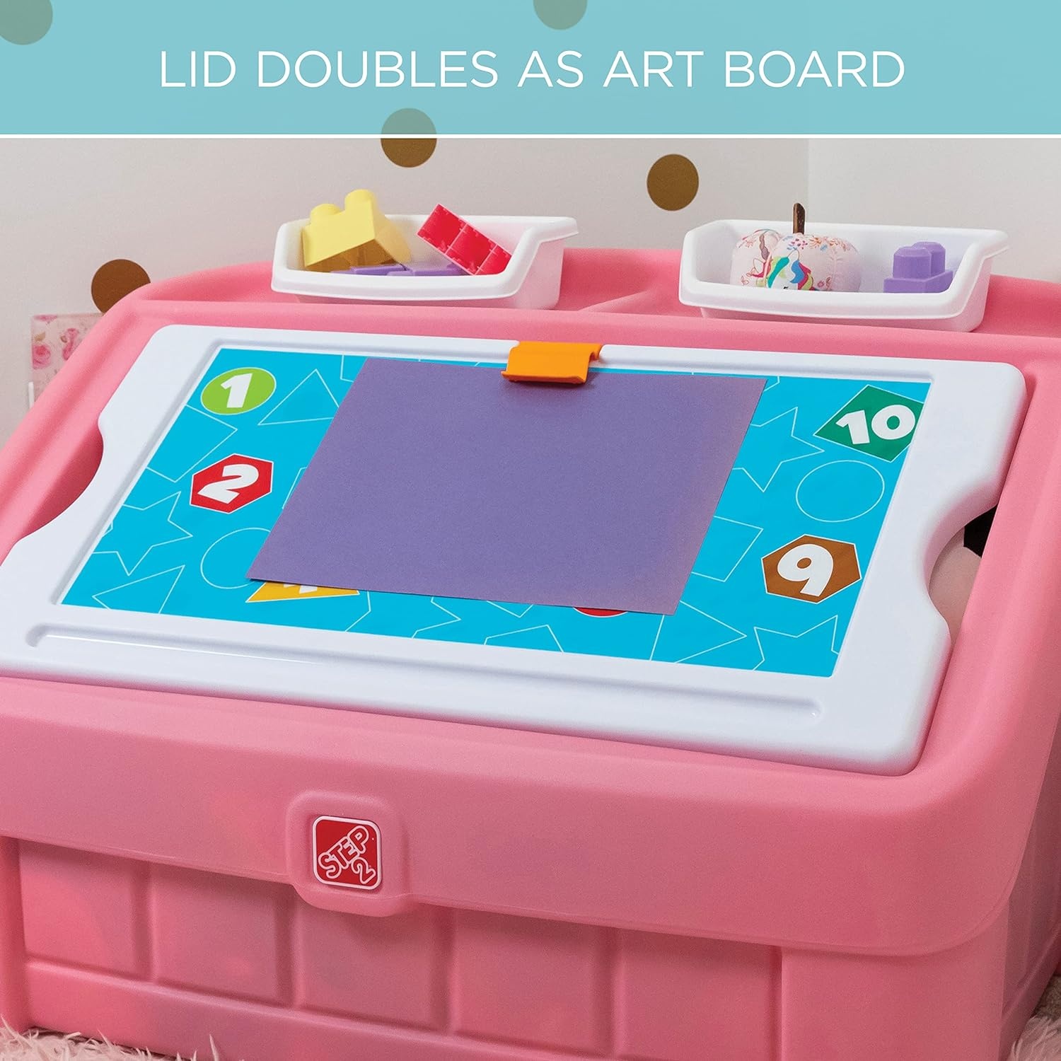 Step2 2-in-1 Toy Box & Art Lid, Kids Toy Storage Bin & Organizer, Easel & Chest in One, Made of Durable Plastic, For Toddlers 2+ Years Old, Tan(Pink)