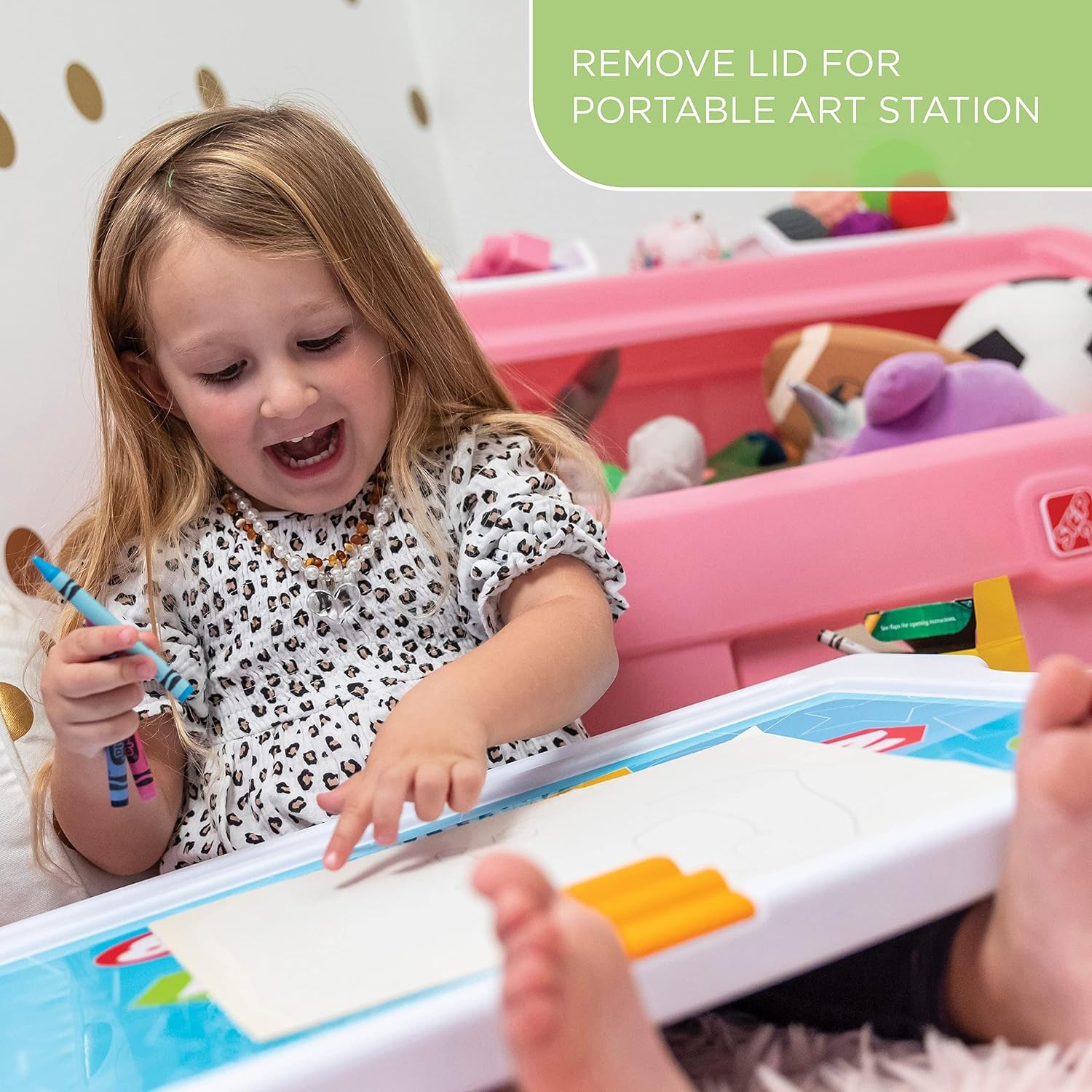 Step2 2-in-1 Toy Box & Art Lid, Kids Toy Storage Bin & Organizer, Easel & Chest in One, Made of Durable Plastic, For Toddlers 2+ Years Old, Tan(Pink)