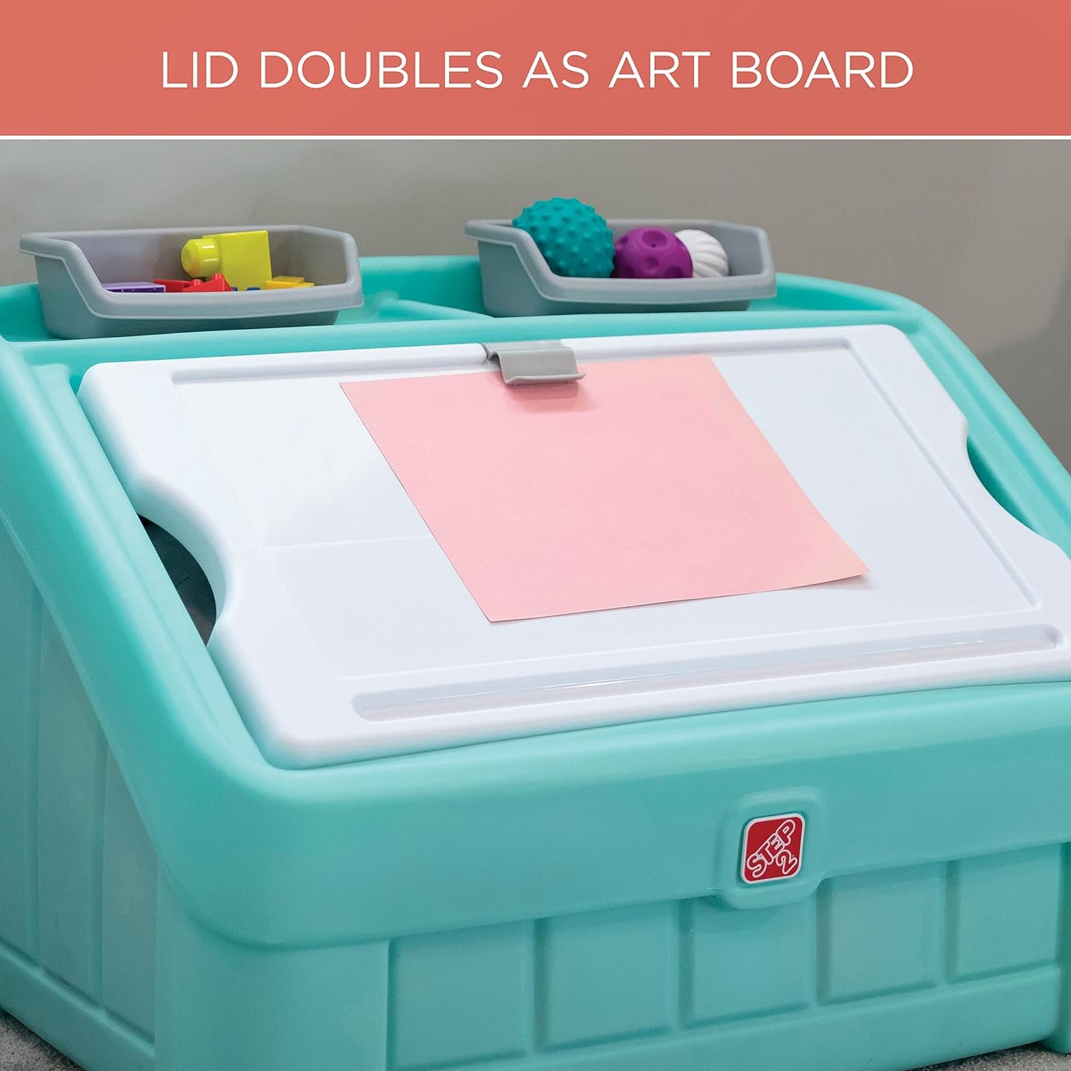Step2 2-in-1 Toy Box & Art Lid, Kids Toy Storage Bin & Organizer, Easel & Chest in One, Made of Durable Plastic, For Toddlers 2+ Years Old, Tan(Mint)