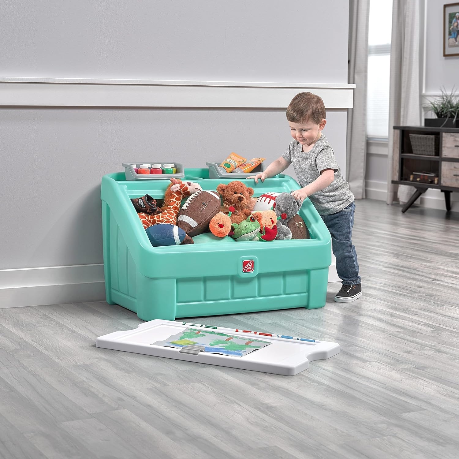 Step2 2-in-1 Toy Box & Art Lid, Kids Toy Storage Bin & Organizer, Easel & Chest in One, Made of Durable Plastic, For Toddlers 2+ Years Old, Tan(Mint)