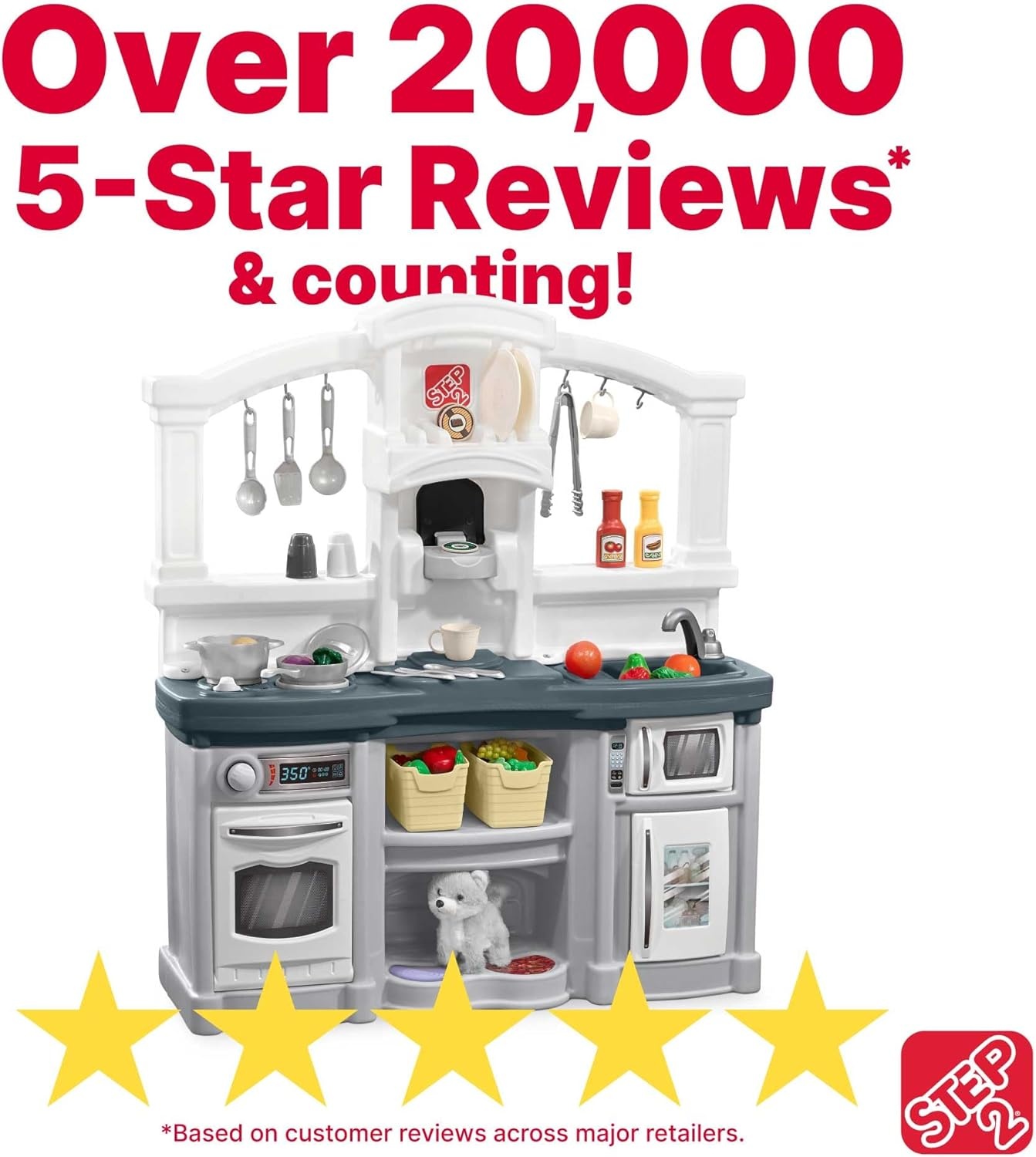 Step2 Fun with Friends Kids Kitchen Playset, Indoor/Outdoor Kitchenette with Lights & Sounds, Durable Plastic, 25-Piece Toy Accessories, Toddlers 2+ Years, Gray(Gray)