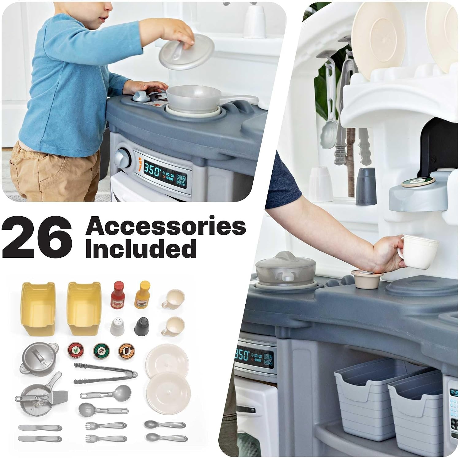 Step2 Fun with Friends Kids Kitchen Playset, Indoor/Outdoor Kitchenette with Lights & Sounds, Durable Plastic, 25-Piece Toy Accessories, Toddlers 2+ Years, Gray(Gray)