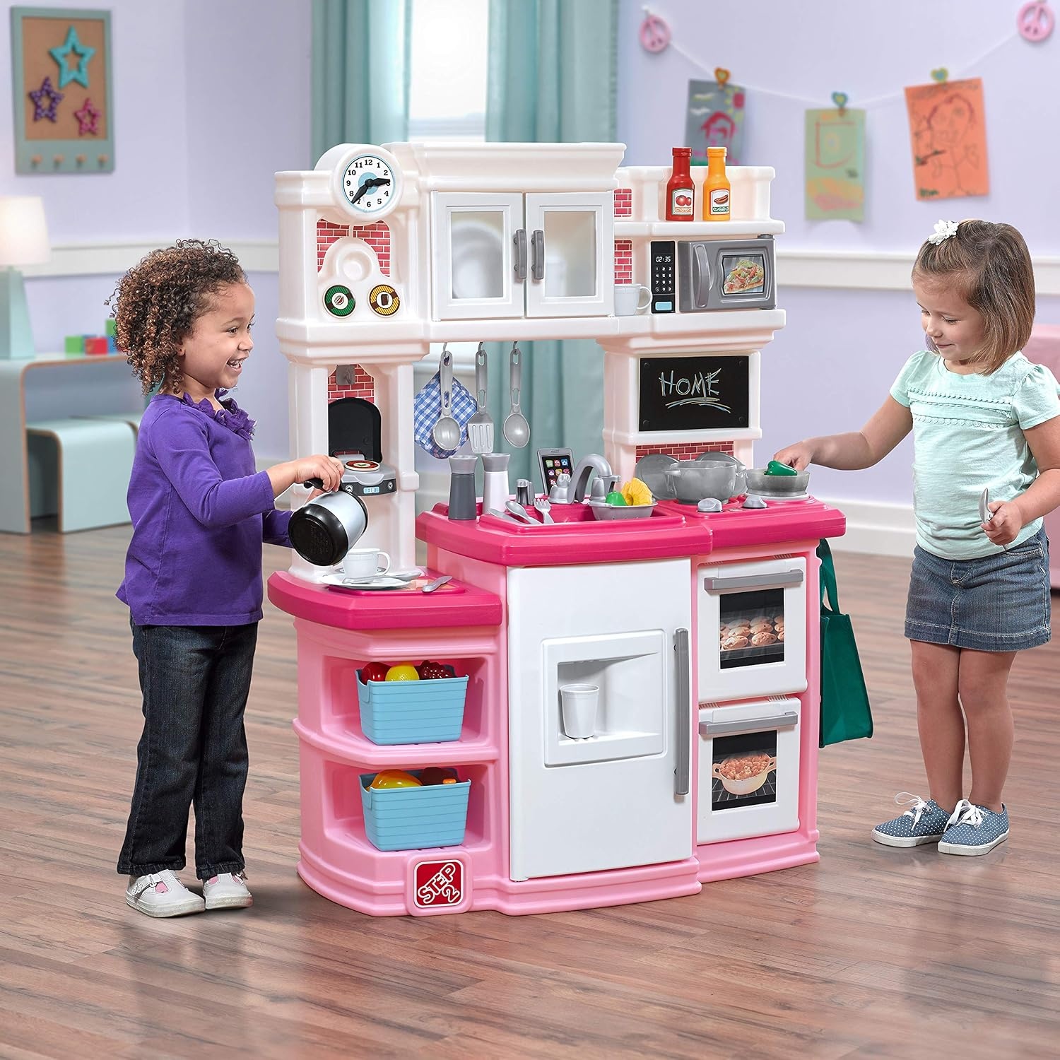Step2 Great Gourmet Kids Kitchen Playset, Indoor/Outdoor Kitchenette, Interactive Play with Lights and Sounds, Made of Durable Plastic, Includes 33 Piece Toy Accessories, Toddlers 3+ Years Old, Tan(Pink)