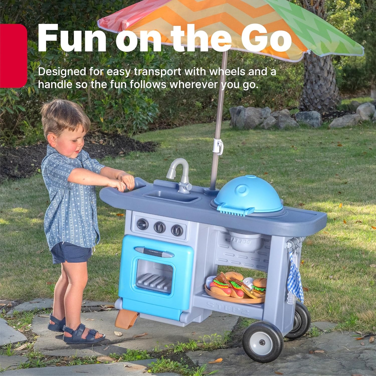 Step2 Grill & Go BBQ Cart with Lights and Sounds for Kids, Play Toy for Toddlers Ages 3+ Years Old, Durable, Easy Assembly, Blue/Gray