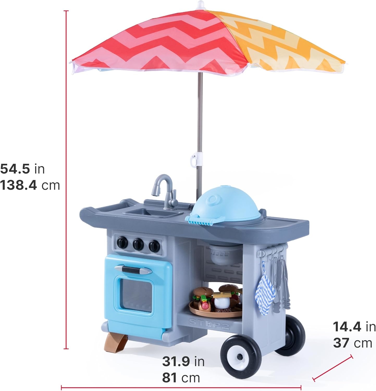 Step2 Grill & Go BBQ Cart with Lights and Sounds for Kids, Play Toy for Toddlers Ages 3+ Years Old, Durable, Easy Assembly, Blue/Gray