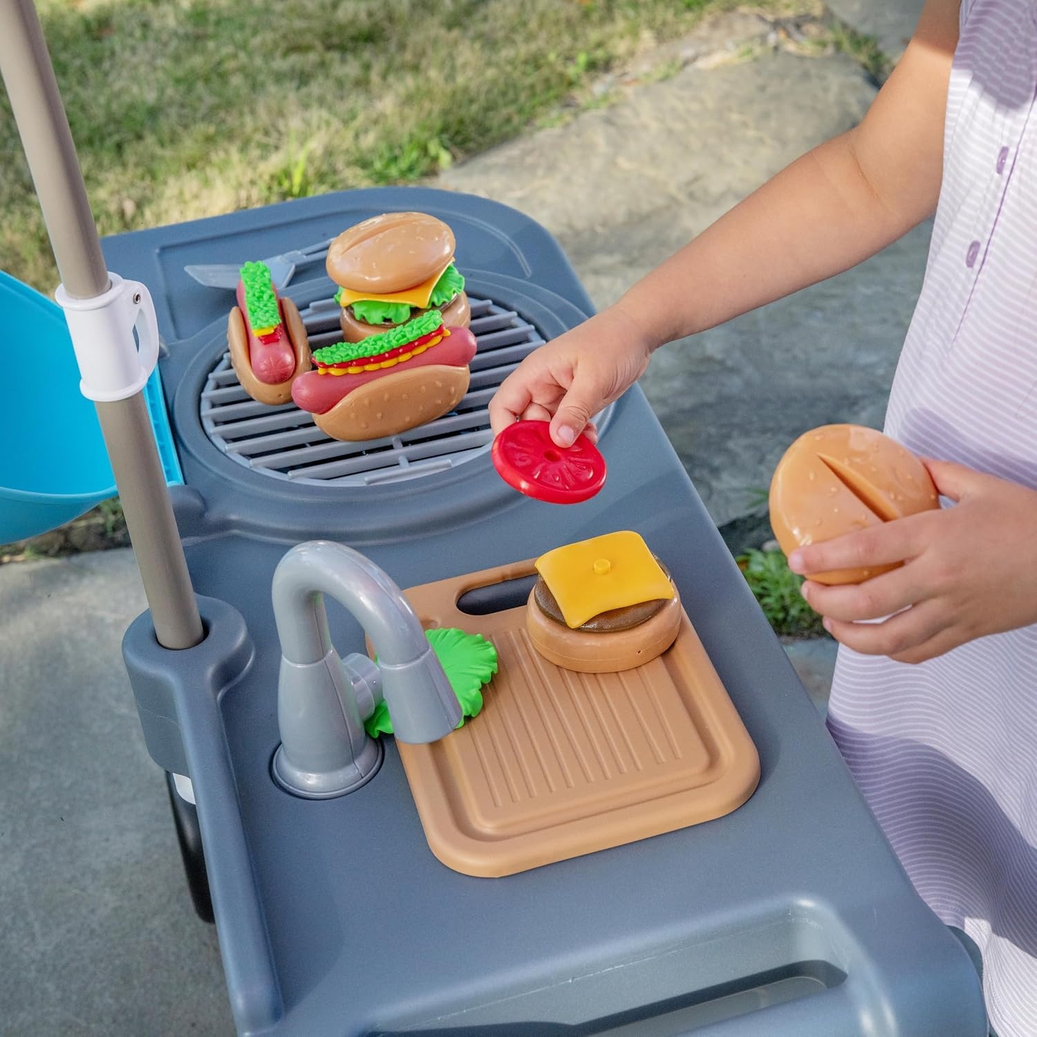 Step2 Grill & Go BBQ Cart with Lights and Sounds for Kids, Play Toy for Toddlers Ages 3+ Years Old, Durable, Easy Assembly, Blue/Gray