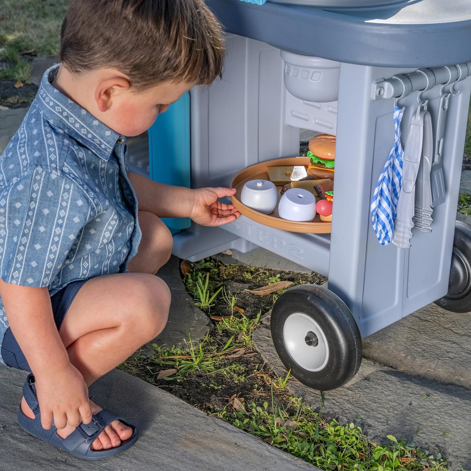 Step2 Grill & Go BBQ Cart with Lights and Sounds for Kids, Play Toy for Toddlers Ages 3+ Years Old, Durable, Easy Assembly, Blue/Gray