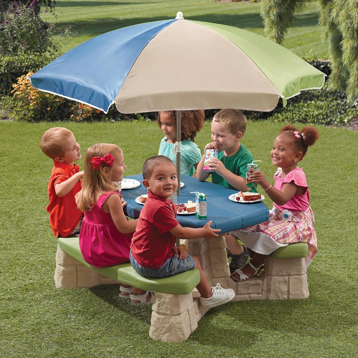 Step2 Naturally Playful Kids Picnic Table with Removable Umbrella, Indoor/Outdoor Toys, Fits 6 Children, Made of Durable Plastic, For Toddlers 3+ Years Old, Blue & Green(Blue & Green)