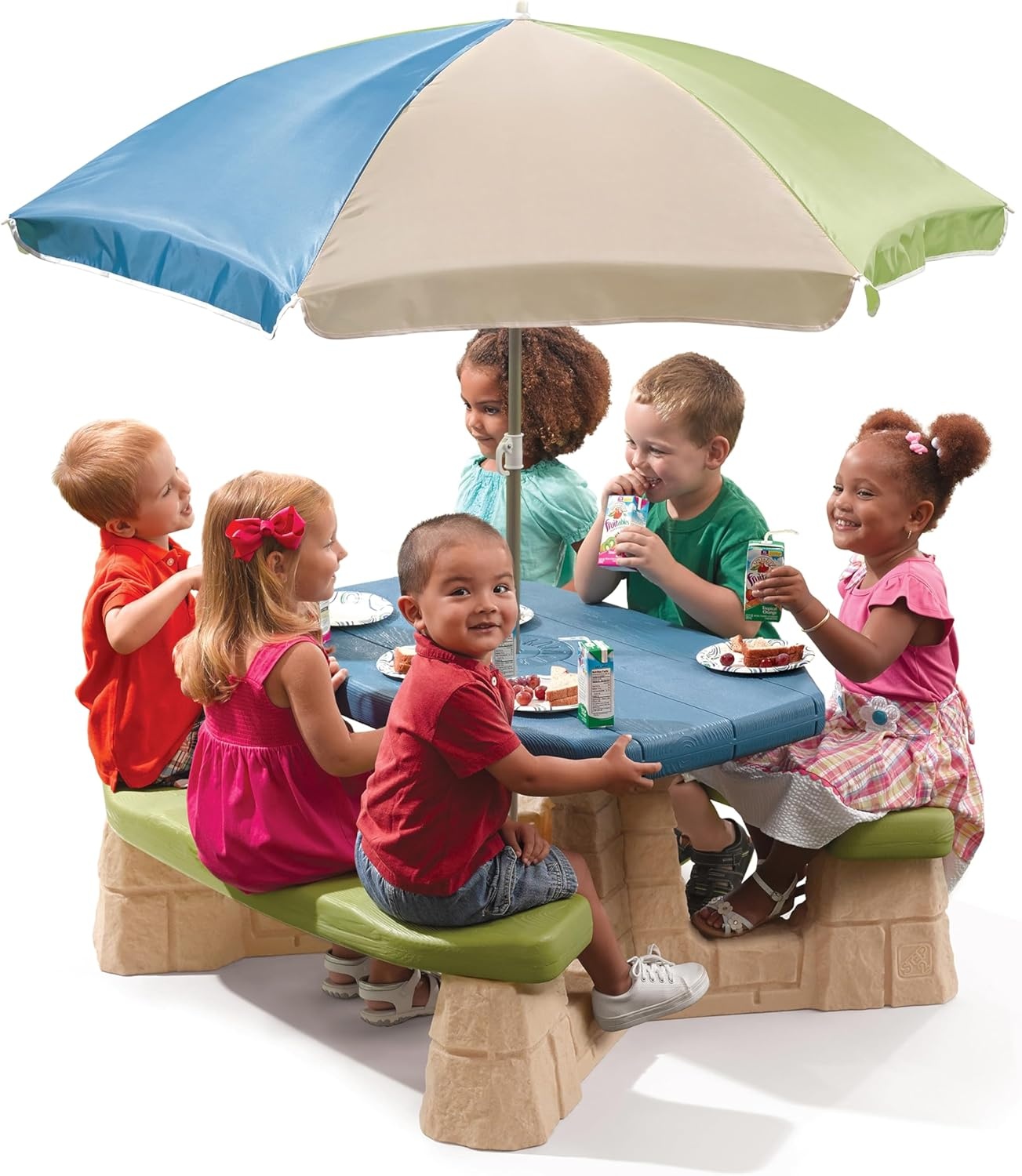 Step2 Naturally Playful Kids Picnic Table with Removable Umbrella, Indoor/Outdoor Toys, Fits 6 Children, Made of Durable Plastic, For Toddlers 3+ Years Old, Blue & Green(Blue & Green)