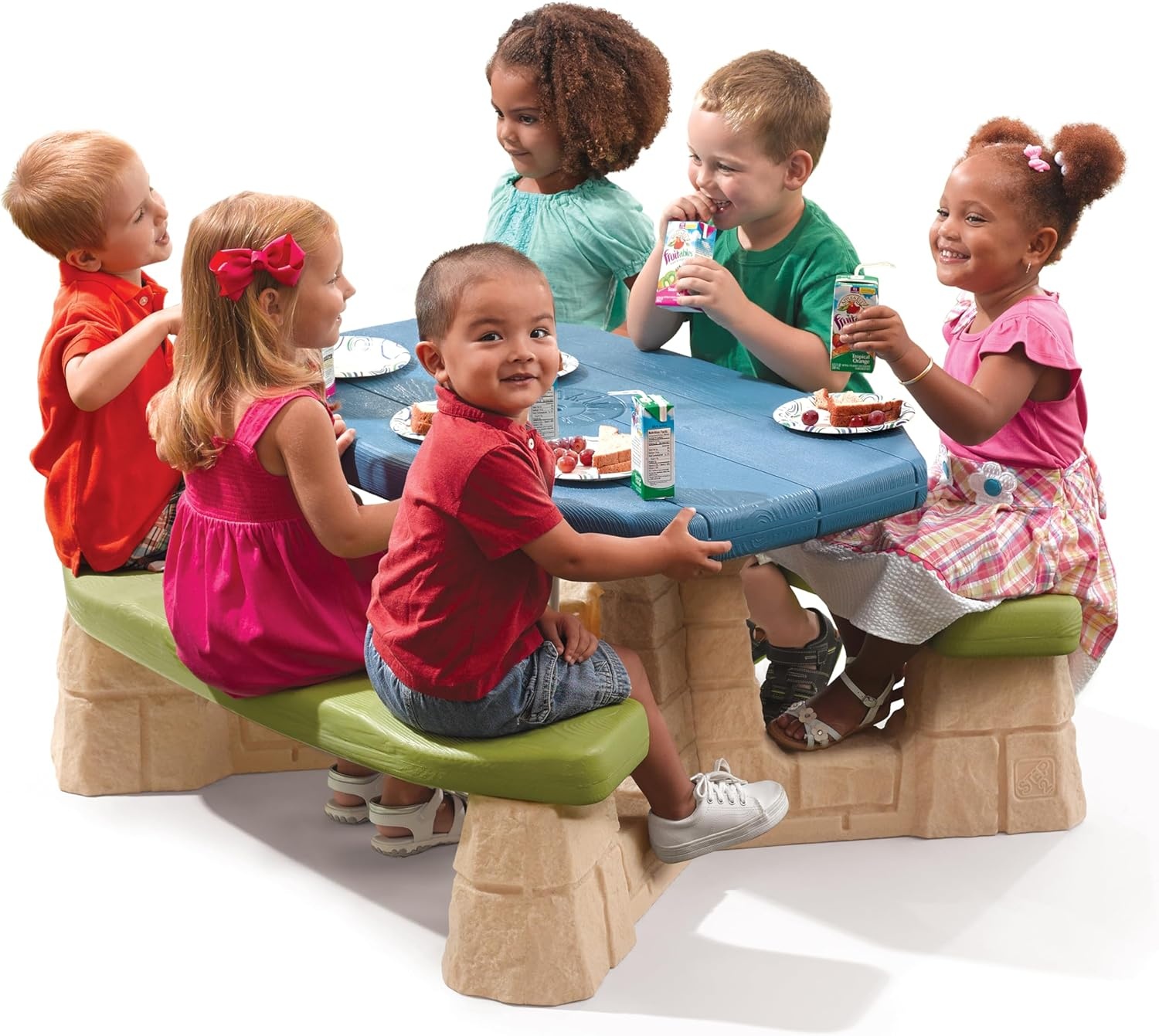 Step2 Naturally Playful Kids Picnic Table with Removable Umbrella, Indoor/Outdoor Toys, Fits 6 Children, Made of Durable Plastic, For Toddlers 3+ Years Old, Blue & Green(Blue & Green)