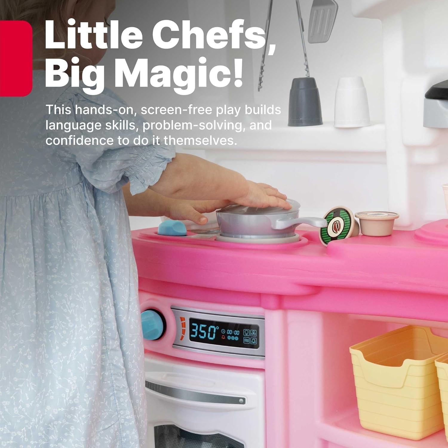 Step2 Fun with Friends Kids Kitchen Playset, Indoor/Outdoor Kitchenette with Lights & Sounds, Durable Plastic, 25-Piece Toy Accessories, Toddlers 2+ Years, Gray(Pink)