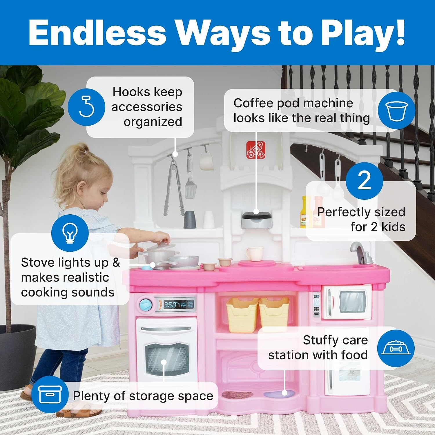 Step2 Fun with Friends Kids Kitchen Playset, Indoor/Outdoor Kitchenette with Lights & Sounds, Durable Plastic, 25-Piece Toy Accessories, Toddlers 2+ Years, Gray(Pink)