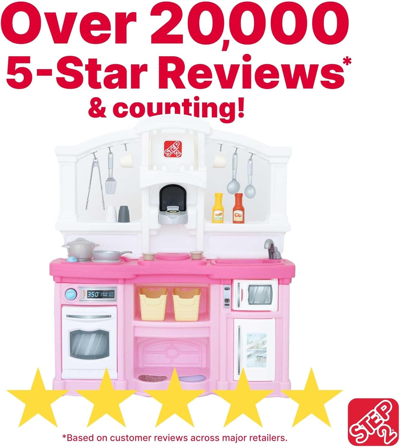Step2 Fun with Friends Kids Kitchen Playset, Indoor/Outdoor Kitchenette with Lights & Sounds, Durable Plastic, 25-Piece Toy Accessories, Toddlers 2+ Years, Gray(Pink)