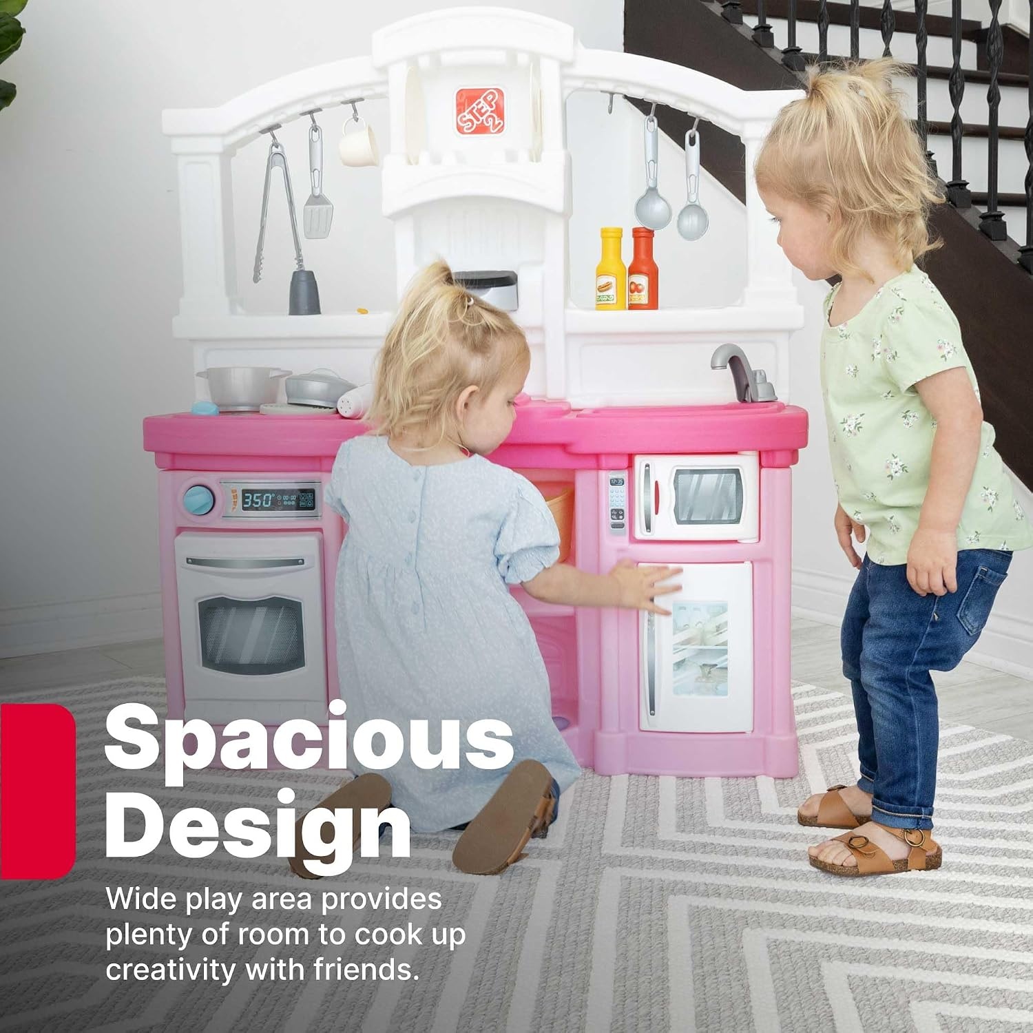 Step2 Fun with Friends Kids Kitchen Playset, Indoor/Outdoor Kitchenette with Lights & Sounds, Durable Plastic, 25-Piece Toy Accessories, Toddlers 2+ Years, Gray(Pink)