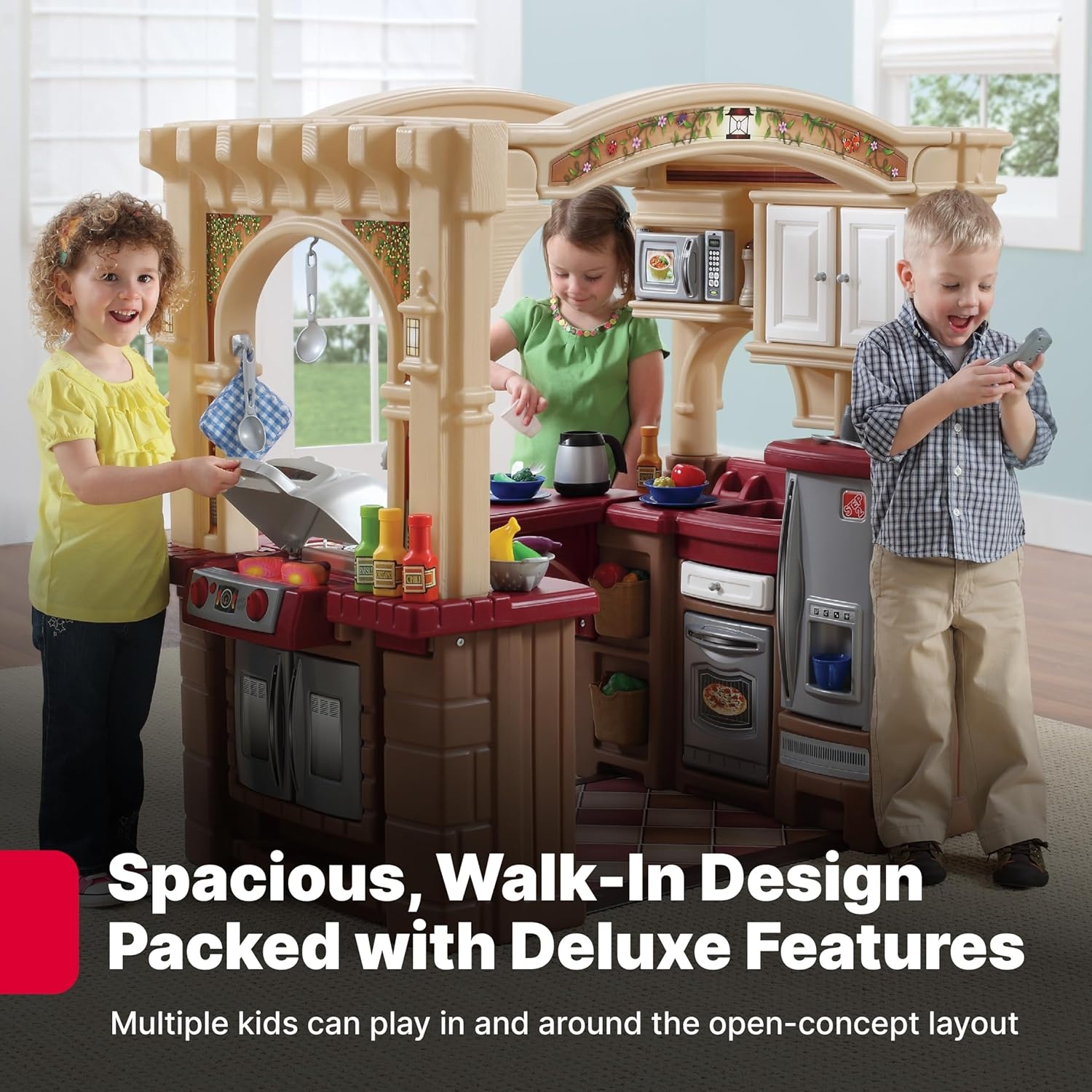 Step2 Grand Walk-In Kitchen & Grill Kids Playset, Indoor/Outdoor Kitchenette, Interactive Play with Lights and Sounds, Durable Plastic, 103 Piece Toy Accessories, Toddlers 2+ Years Old, Brown/Tan(Brown & Tan)