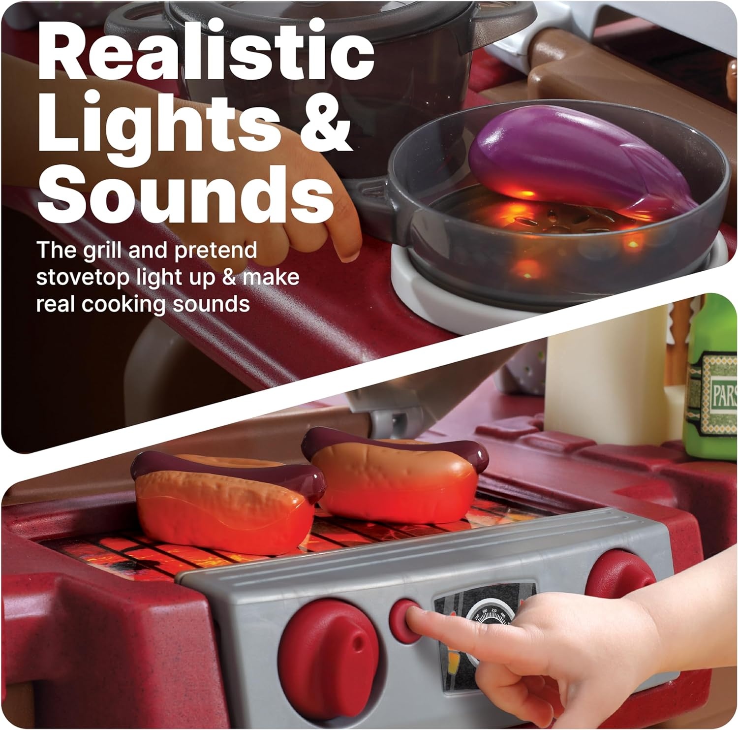 Step2 Grand Walk-In Kitchen & Grill Kids Playset, Indoor/Outdoor Kitchenette, Interactive Play with Lights and Sounds, Durable Plastic, 103 Piece Toy Accessories, Toddlers 2+ Years Old, Brown/Tan(Brown & Tan)