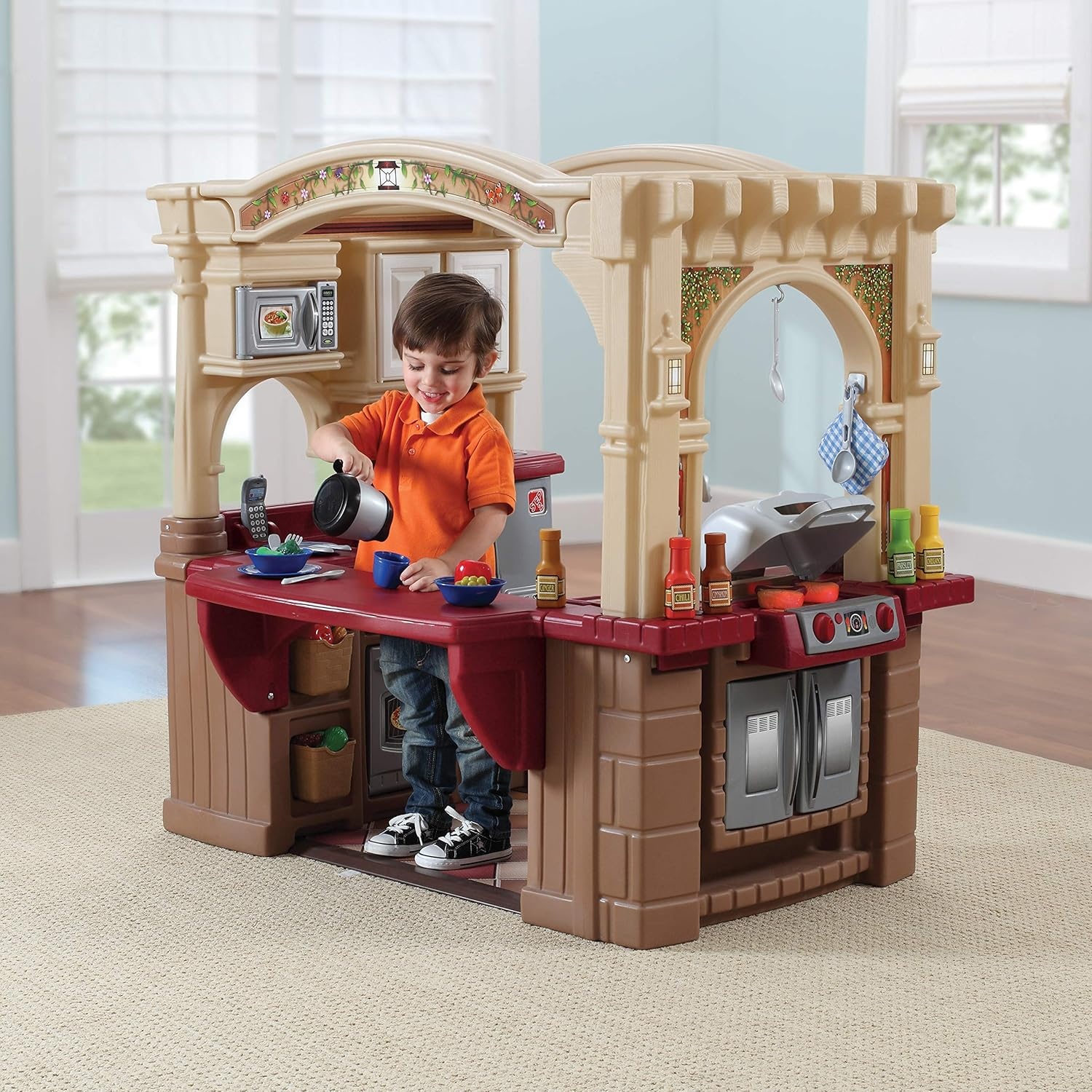 Step2 Grand Walk-In Kitchen & Grill Kids Playset, Indoor/Outdoor Kitchenette, Interactive Play with Lights and Sounds, Durable Plastic, 103 Piece Toy Accessories, Toddlers 2+ Years Old, Brown/Tan(Brown & Tan)