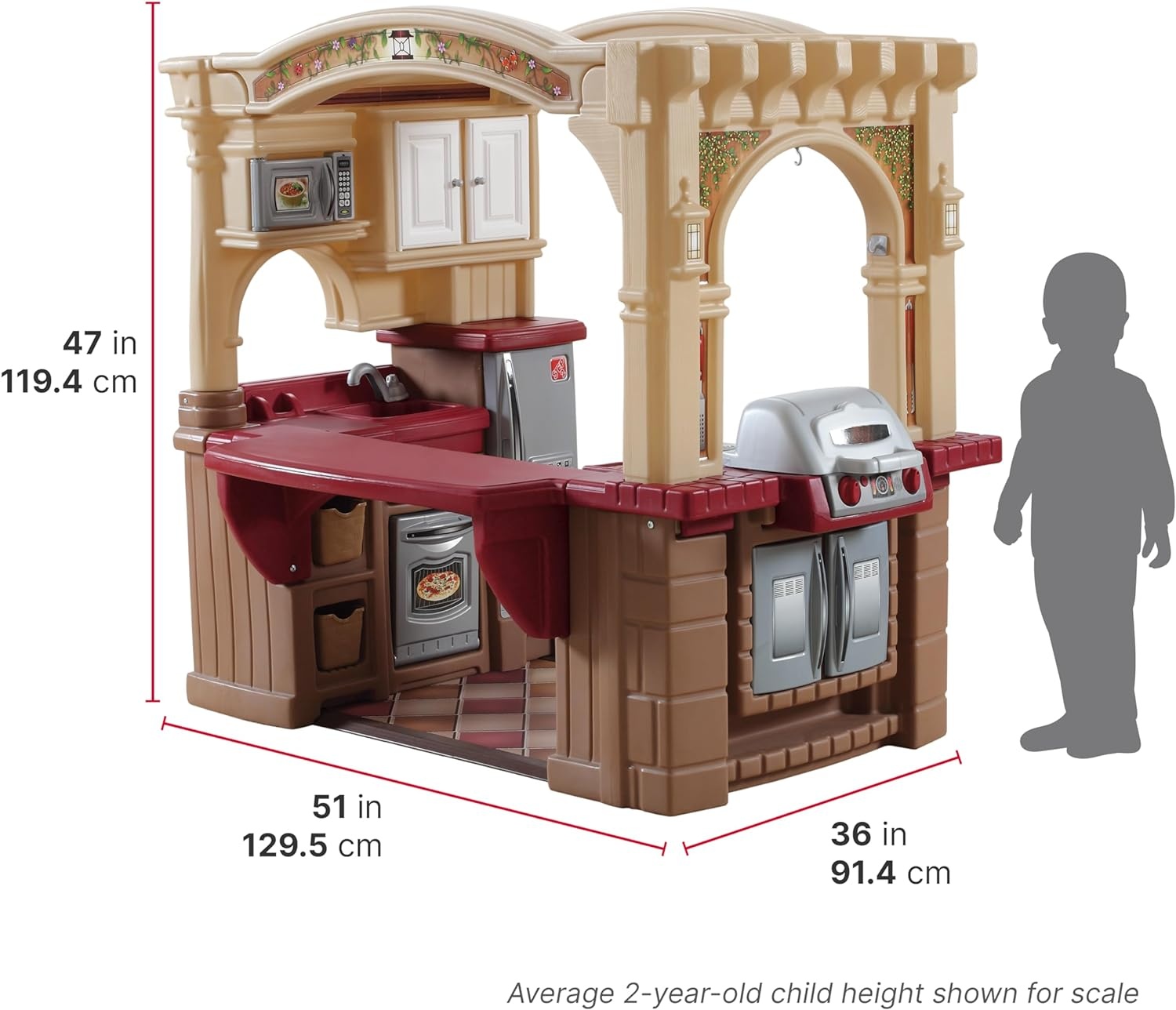 Step2 Grand Walk-In Kitchen & Grill Kids Playset, Indoor/Outdoor Kitchenette, Interactive Play with Lights and Sounds, Durable Plastic, 103 Piece Toy Accessories, Toddlers 2+ Years Old, Brown/Tan(Brown & Tan)