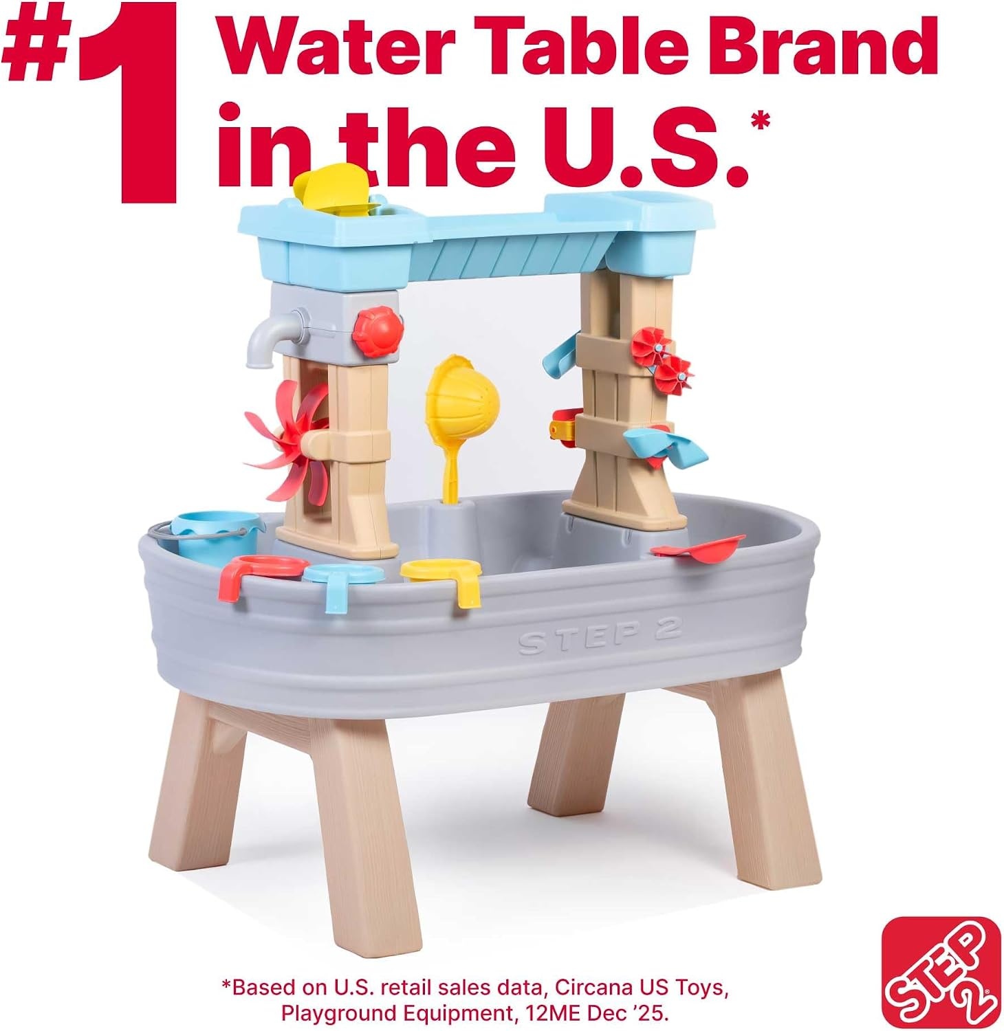 Step2 Rain Showers & Flow Kids Water Table, Outdoor Toddler Activity Table, 15-Piece Accessory Set, Ages 1.5+ Years Old, Multicolor (Gray, Blue, Red)