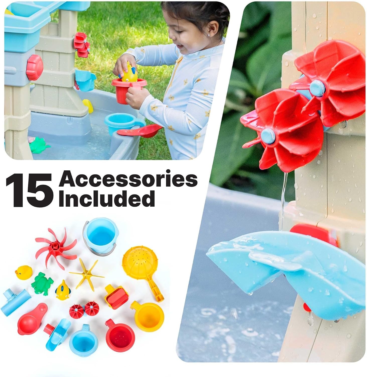 Step2 Rain Showers & Flow Kids Water Table, Outdoor Toddler Activity Table, 15-Piece Accessory Set, Ages 1.5+ Years Old, Multicolor (Gray, Blue, Red)