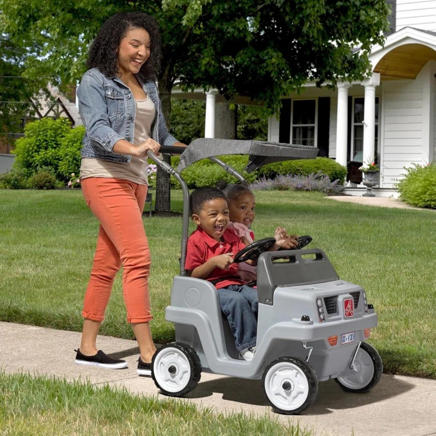 Step2 Side-by-Side Push Around SUV, Kids Push Car, 2 Seats, Stroller Substitute, Includes Seat Belts & Horns, Made of Durable Plastic, Max Weight 100 lbs., for Toddlers 1.5-5 Years Old, Gray(Gray)