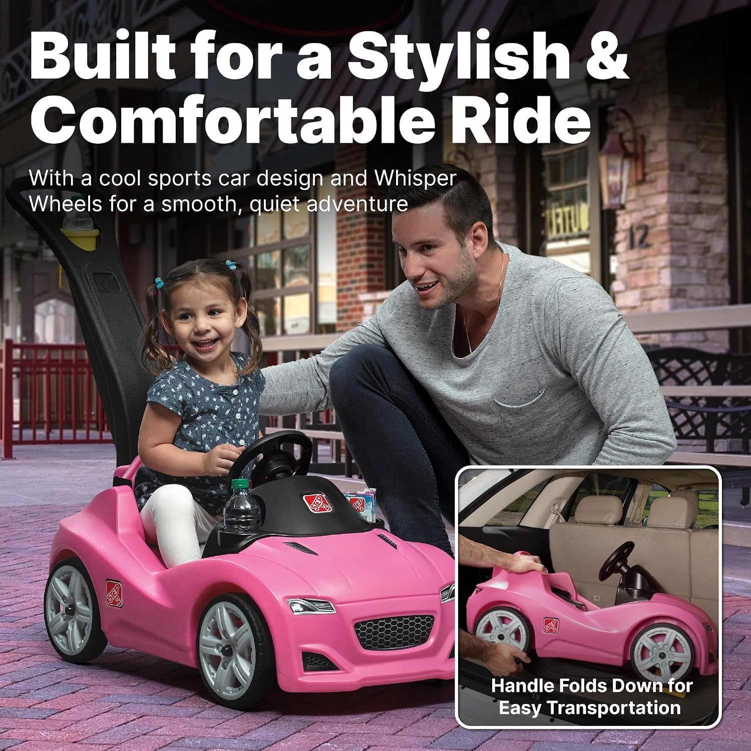 Step2 Whisper Ride Cruiser Kids Push Car, Ride On Toy, Stroller Substitute, Includes Seat Belt & Horn, Made of Durable Plastic, Max Weight 50 lbs., For Toddlers 1.5-4 Years Old, Pink(Pink)