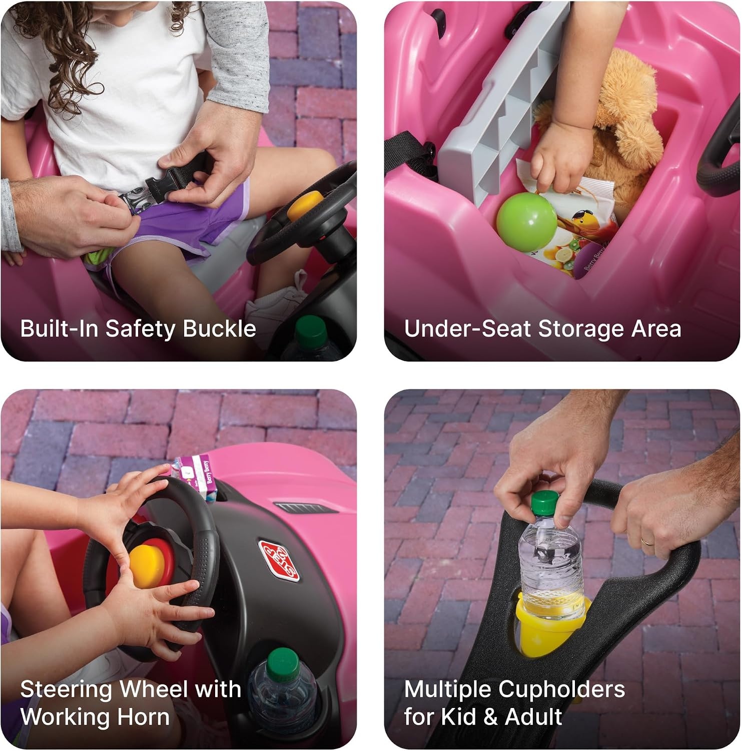 Step2 Whisper Ride Cruiser Kids Push Car, Ride On Toy, Stroller Substitute, Includes Seat Belt & Horn, Made of Durable Plastic, Max Weight 50 lbs., For Toddlers 1.5-4 Years Old, Pink(Pink)