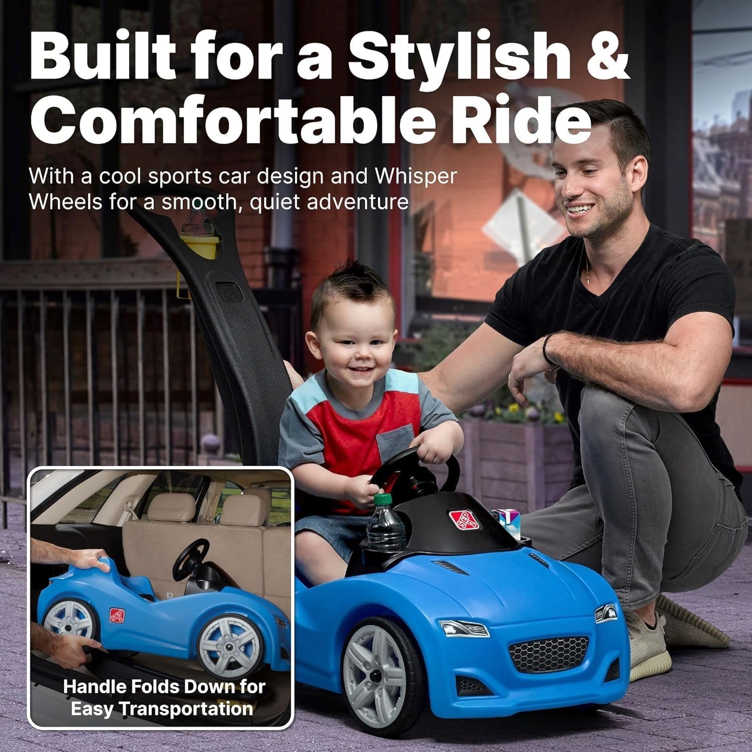 Step2 Whisper Ride Cruiser Kids Push Car, Ride On Toy, Stroller Substitute, Includes Seat Belt & Horn, Made of Durable Plastic, Max Weight 50 lbs., For Toddlers 1.5-4 Years Old, Pink(Blue)