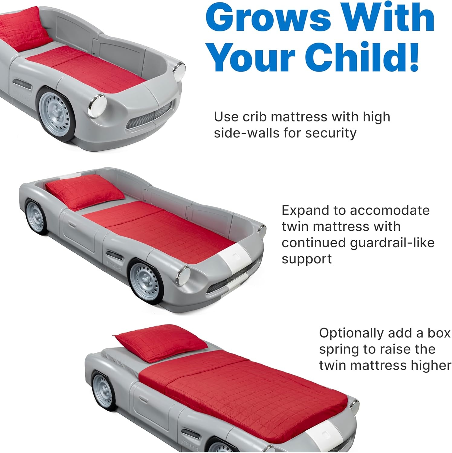 Step2 Roadster Toddler-to-Twin Bed, Transition Race Car Bed for Boys & Girls, Adjustable, Made of Durable Plastic, For Toddlers 3+ Years Old, Gray