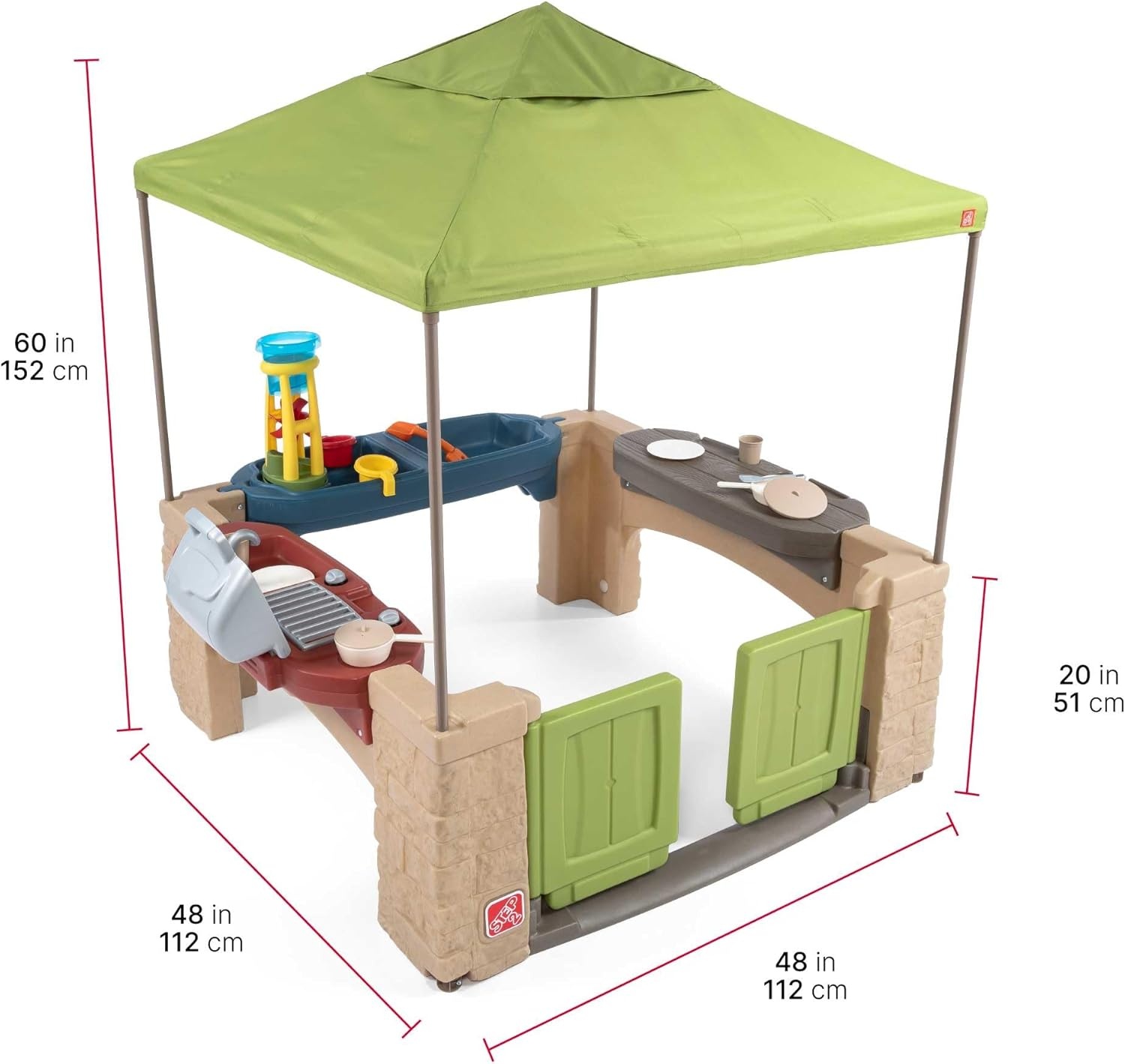 Step2 All Around Playtime Patio with Canopy Playset – Shaded Outdoor Playhouse for Kids with Realistic, Interactive Features, Room for Multiple Toddlers to Play – Dimensions: 60″ H x 47.5″ W x 47.5″ D(Green)