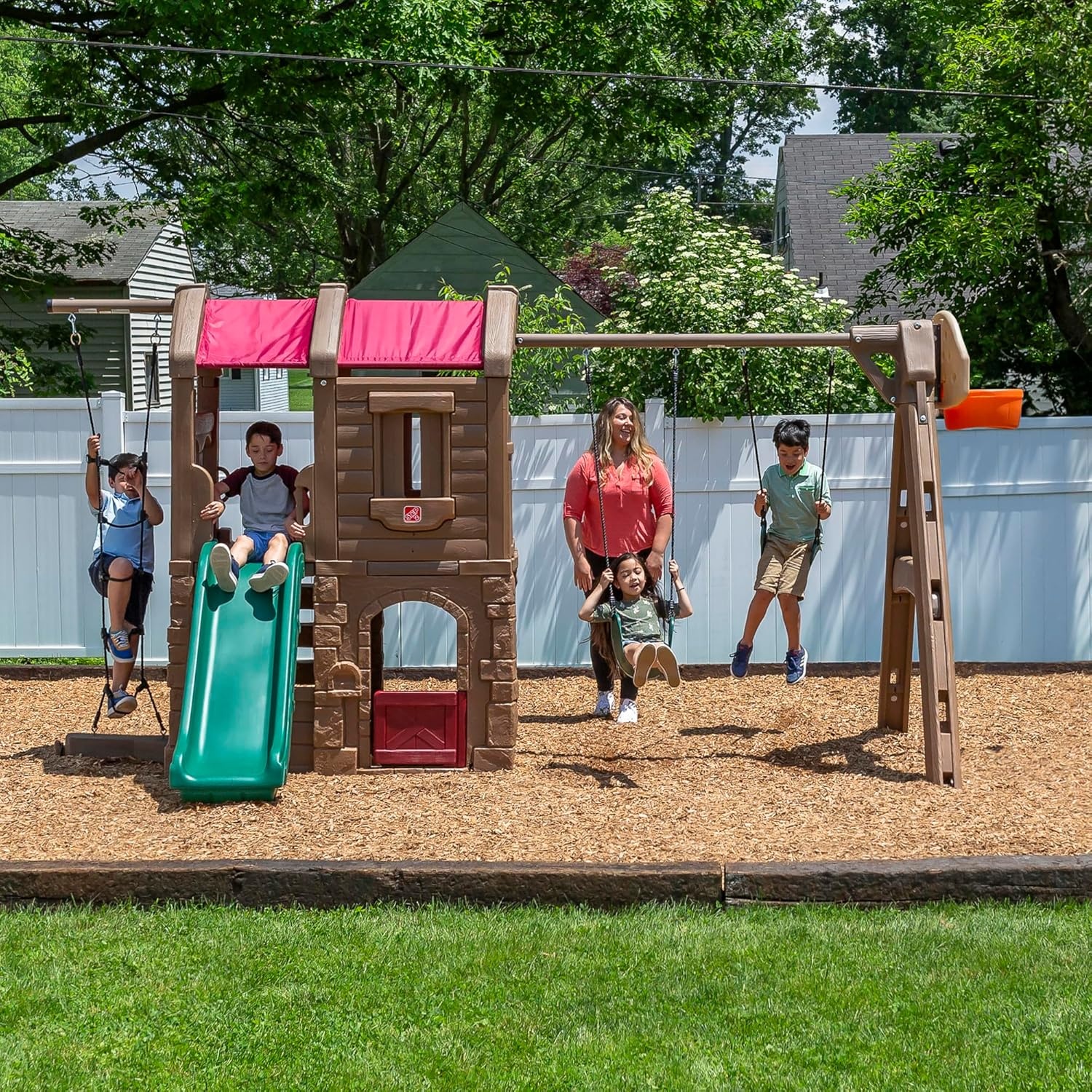 Step2 Naturally Playful Adventure Lodge Play Center with Glider, Kids Outdoor Playset, Two Tier Backyard Playground Set, Slide, Swings, Rope Ladder, Basketball Hoop, Jungle Gym, Children 3-8 Years Old(Without Glider)