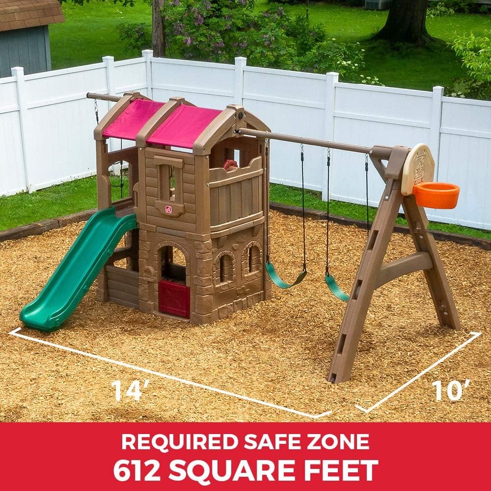 Step2 Naturally Playful Adventure Lodge Play Center with Glider, Kids Outdoor Playset, Two Tier Backyard Playground Set, Slide, Swings, Rope Ladder, Basketball Hoop, Jungle Gym, Children 3-8 Years Old(Without Glider)