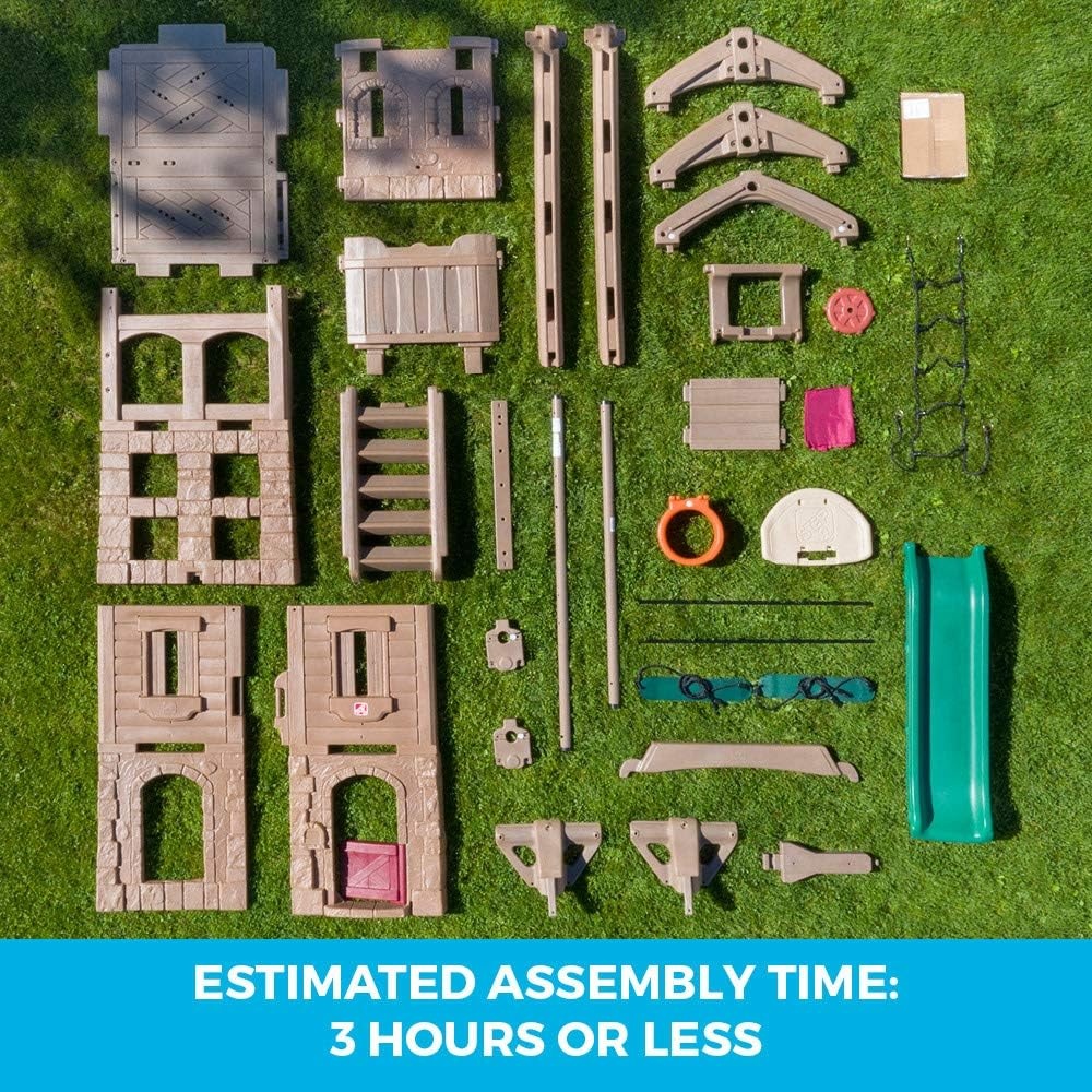 Step2 Naturally Playful Adventure Lodge Play Center with Glider, Kids Outdoor Playset, Two Tier Backyard Playground Set, Slide, Swings, Rope Ladder, Basketball Hoop, Jungle Gym, Children 3-8 Years Old(Without Glider)