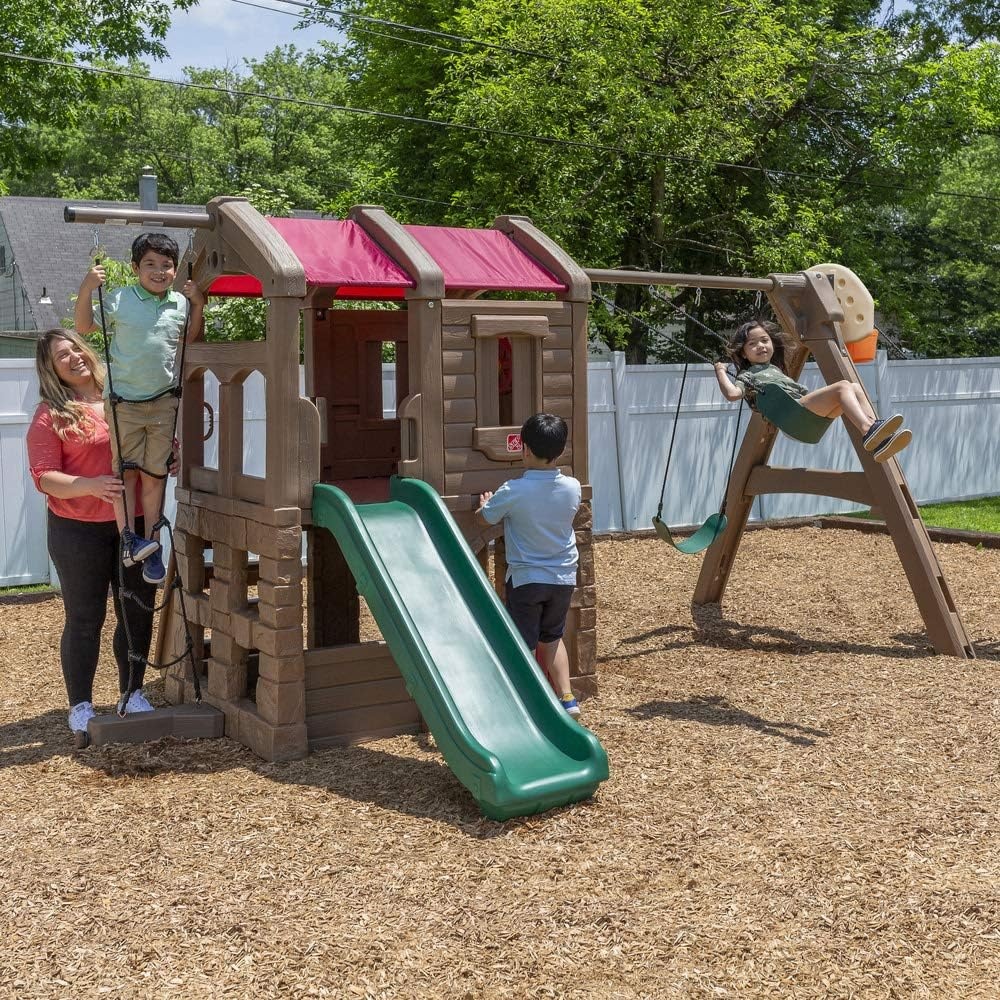 Step2 Naturally Playful Adventure Lodge Play Center with Glider, Kids Outdoor Playset, Two Tier Backyard Playground Set, Slide, Swings, Rope Ladder, Basketball Hoop, Jungle Gym, Children 3-8 Years Old(Without Glider)