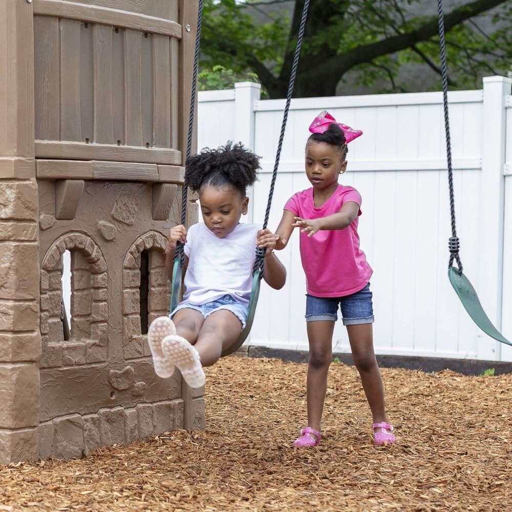 Step2 Naturally Playful Adventure Lodge Play Center with Glider, Kids Outdoor Playset, Two Tier Backyard Playground Set, Slide, Swings, Rope Ladder, Basketball Hoop, Jungle Gym, Children 3-8 Years Old(Without Glider)