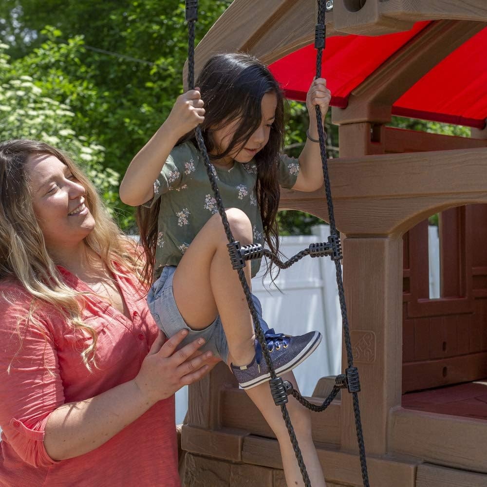 Step2 Naturally Playful Adventure Lodge Play Center with Glider, Kids Outdoor Playset, Two Tier Backyard Playground Set, Slide, Swings, Rope Ladder, Basketball Hoop, Jungle Gym, Children 3-8 Years Old(Without Glider)