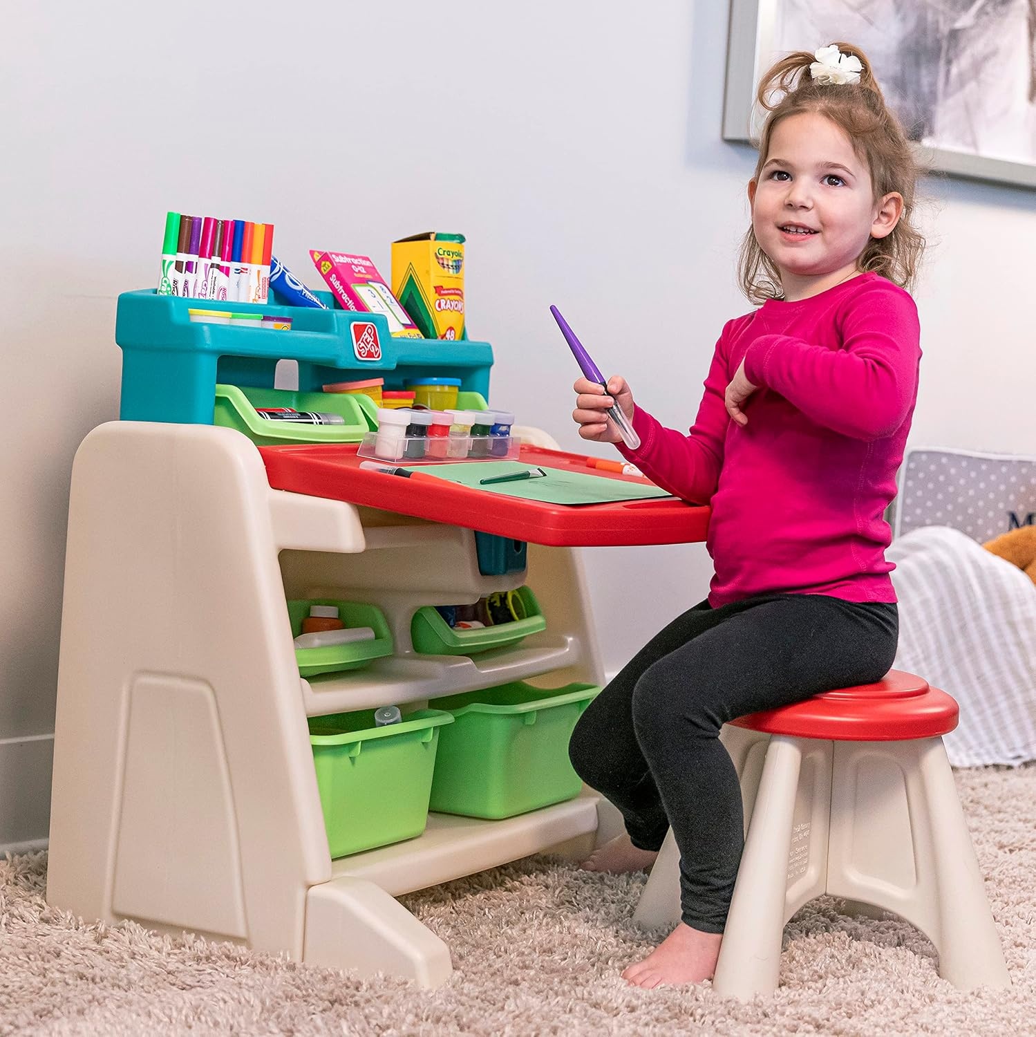 Step2 Flip & Doodle Easel Desk With Stool, Kids 2 in 1 Activity Table, Art Board, Made of Durable Plastic, For Toddlers 2+ Years Old